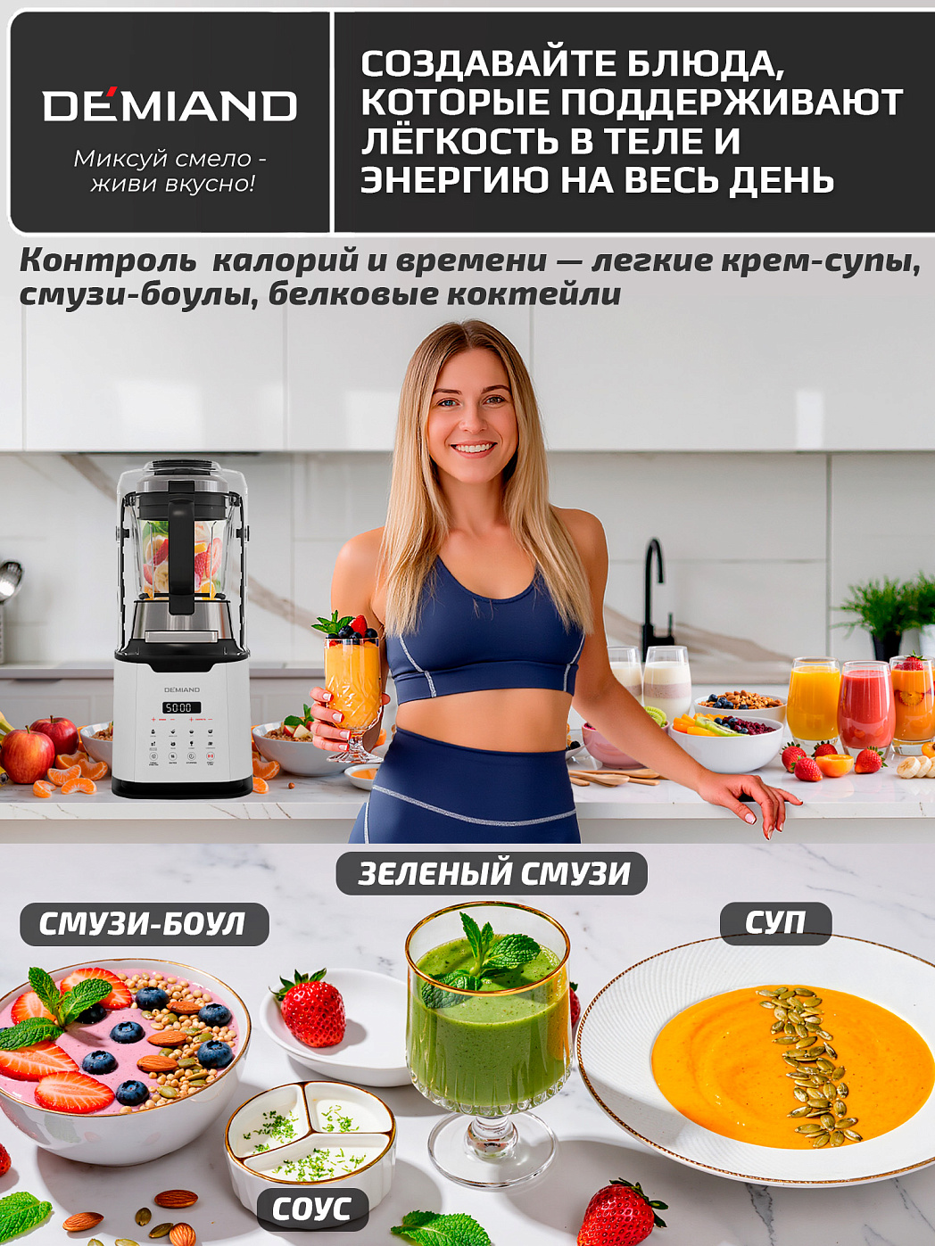 картинка Блендер-суповарка DeMixi BL-1200/Белый 7 в 1, с нагревом до 100°С