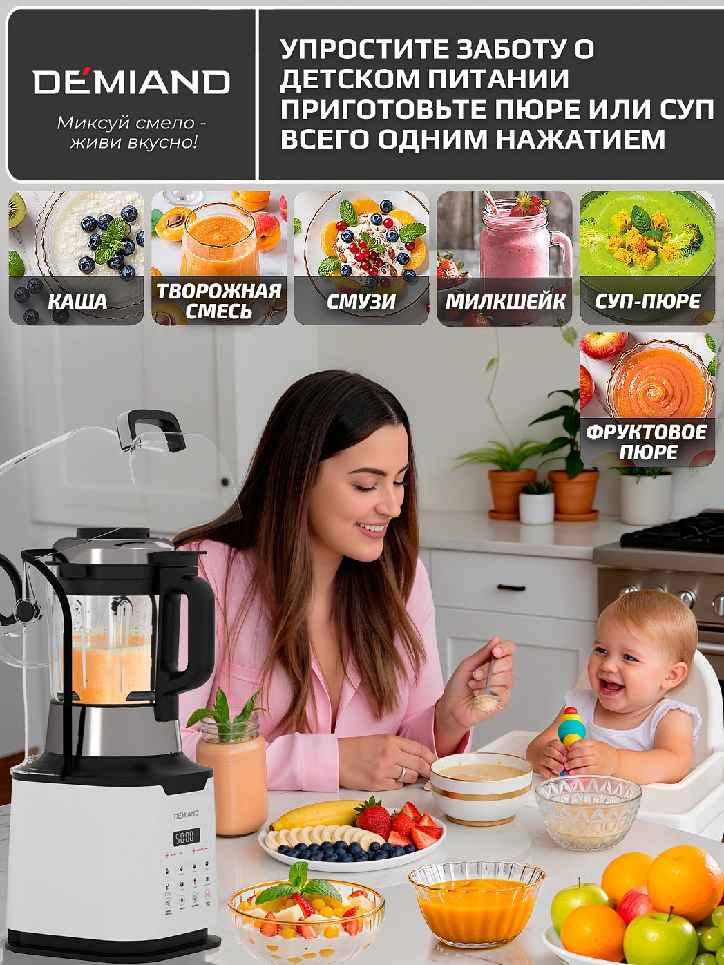 картинка Блендер-суповарка DeMixi BL-1200/Белый 7 в 1, с нагревом до 100°С