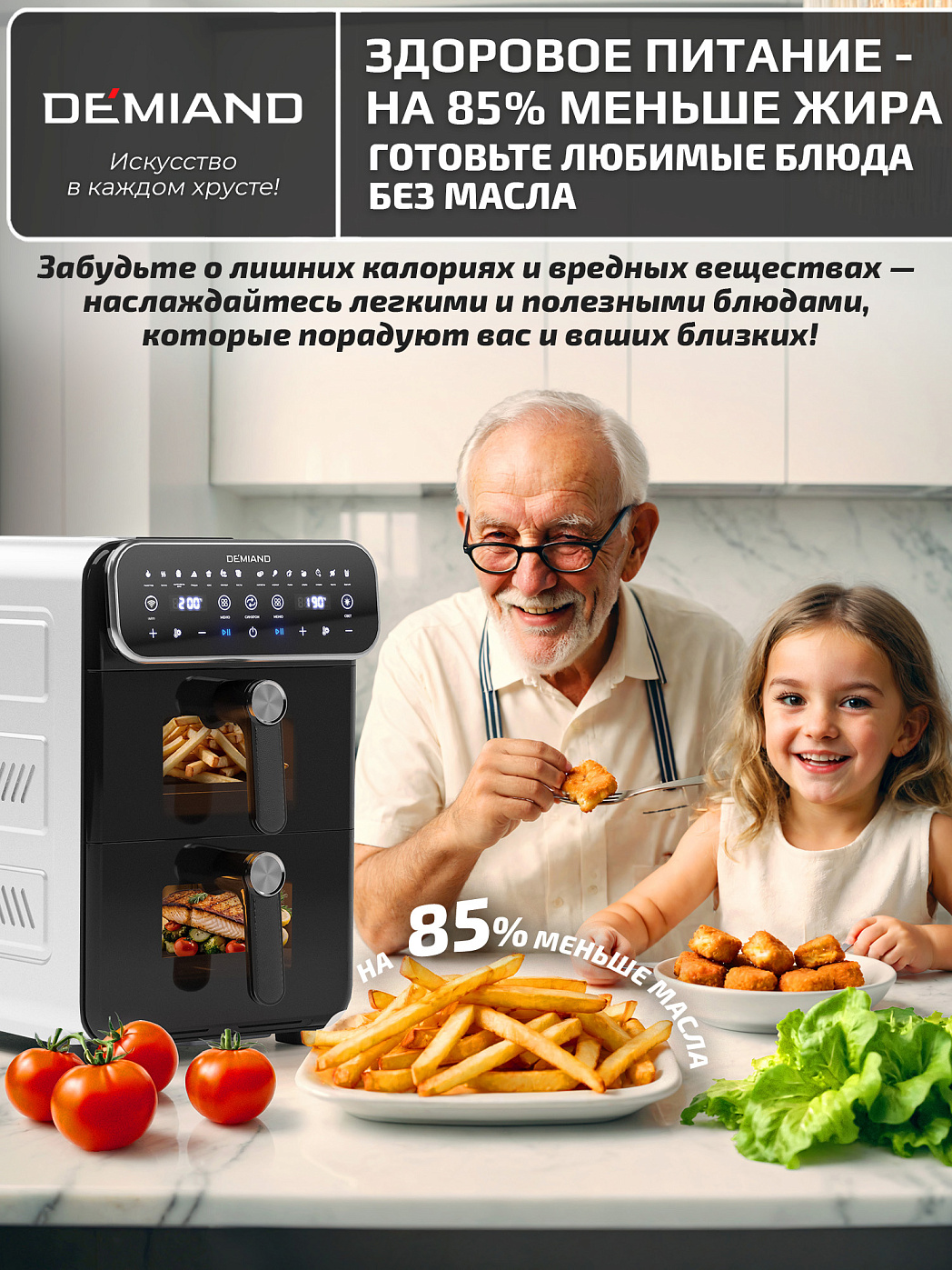 картинка Аэрогриль с двумя чашами DEMIAND DUOS DK-2100/Черный-Wifi