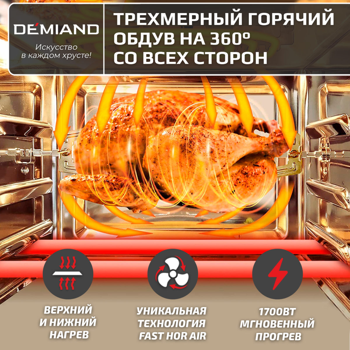 7 Аэрогриль DEMIAND Waison 10 в 1, сенсорная панель, 12 автоматических программ, 9 аксессуаров, книга рецептов, объем 14,5 литров, 1700Вт, DK-1800 — изображение 11