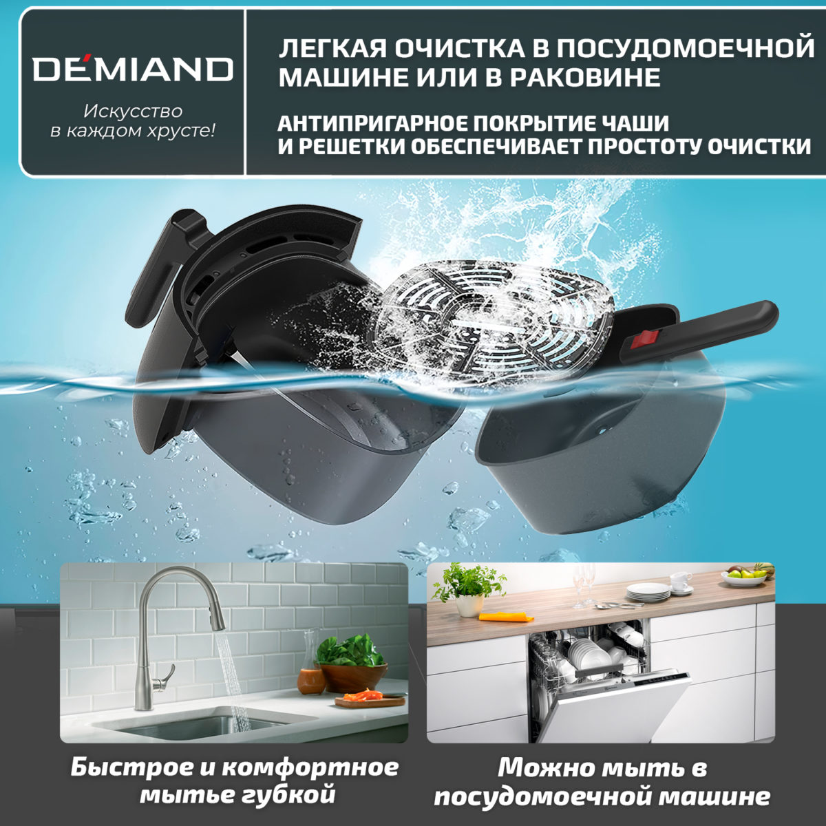 Аэрогриль DEMIAND RAUNG 5 в 1, 8 автоматических программ, съемная решетка, корзина со съемной ручкой, книга рецептов, объем 4,5 литра, 1400Вт, DK-1600/Черный — изображение 19