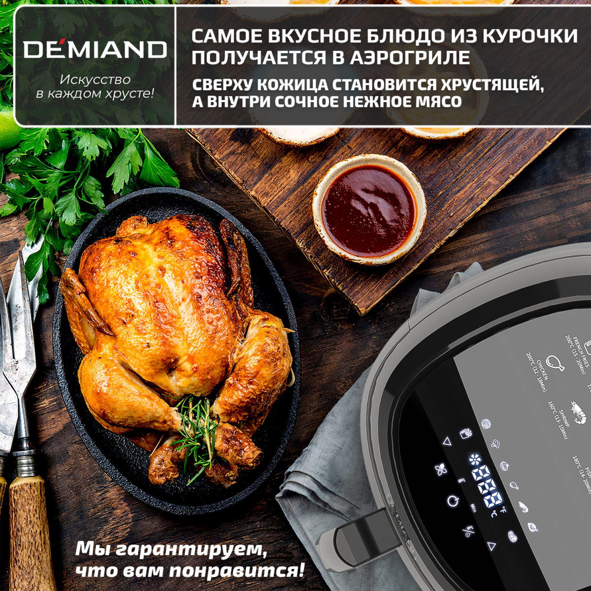 Аэрогриль DEMIAND RAUNG 5 в 1, 8 автоматических программ, съемная решетка, корзина со съемной ручкой, книга рецептов, объем 4,5 литра, 1400Вт, DK-1600/Черный — изображение 12