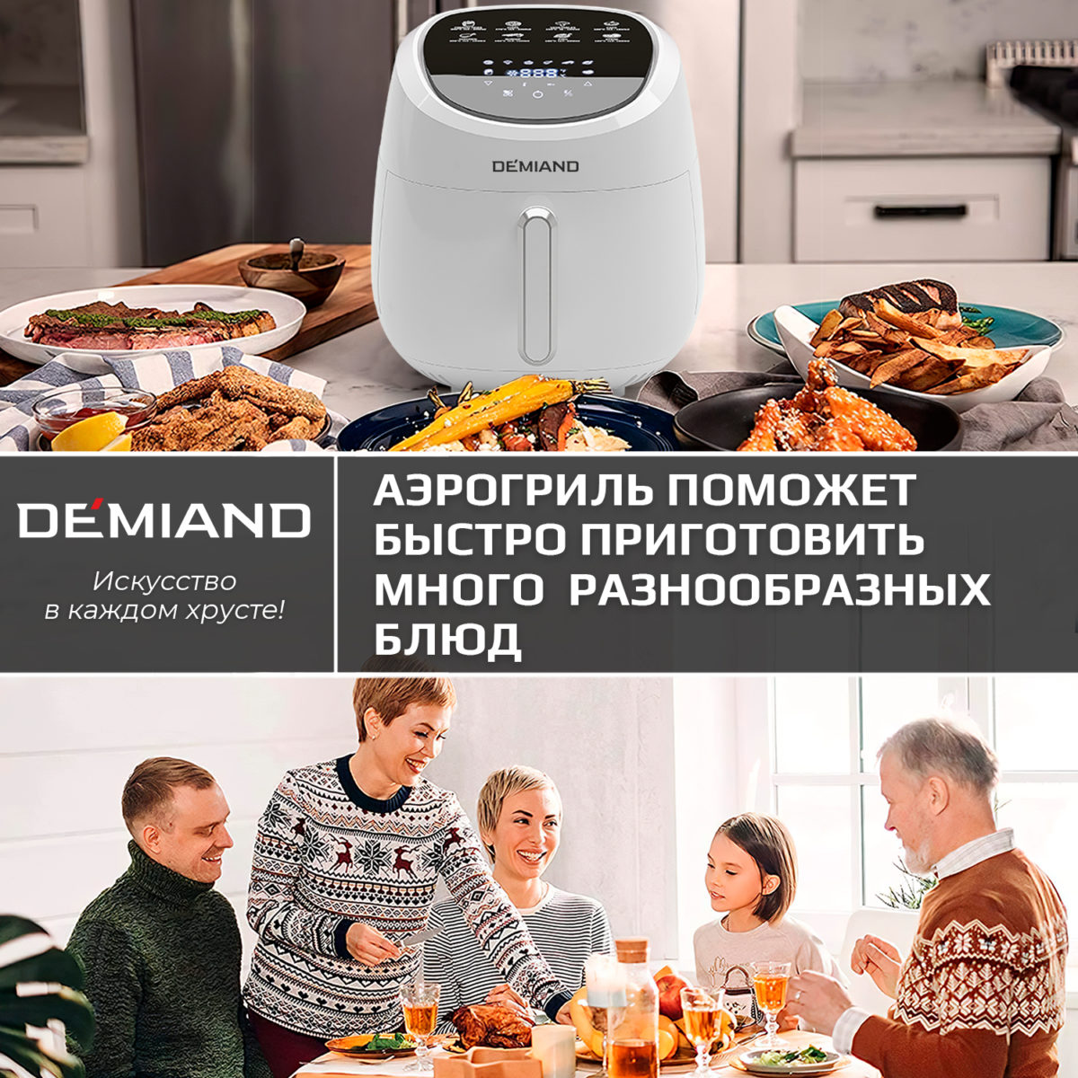 11 Аэрогриль DEMIAND RAUNG 5 в 1, 8 автоматических программ, съемная решетка, корзина со съемной ручкой, книга рецептов, объем 4,5 литра, 1400Вт, DK-1600/Белый — изображение 18