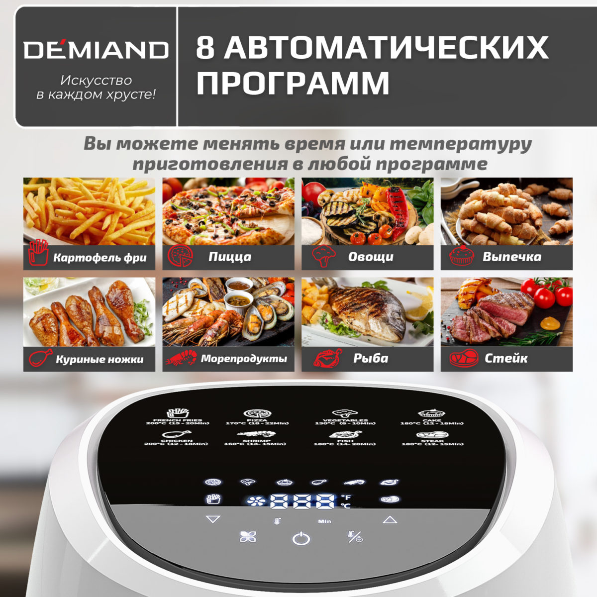 8 Аэрогриль DEMIAND RAUNG 5 в 1, 8 автоматических программ, съемная решетка, корзина со съемной ручкой, книга рецептов, объем 4,5 литра, 1400Вт, DK-1600/Белый — изображение 15