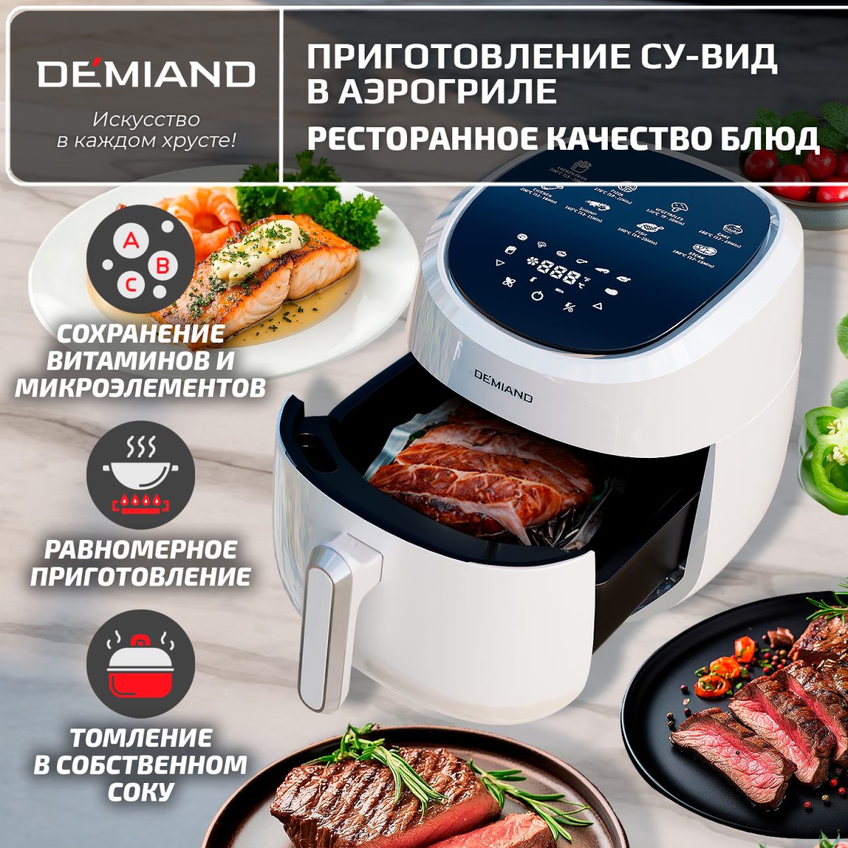 Белый 1х1 Аэрогриль DEMIAND RAUNG 5 в 1, 8 автоматических программ, съемная решетка, корзина со съемной ручкой, книга рецептов, объем 4,5 литра, 1400Вт, DK-1600/Белый — изображение 13
