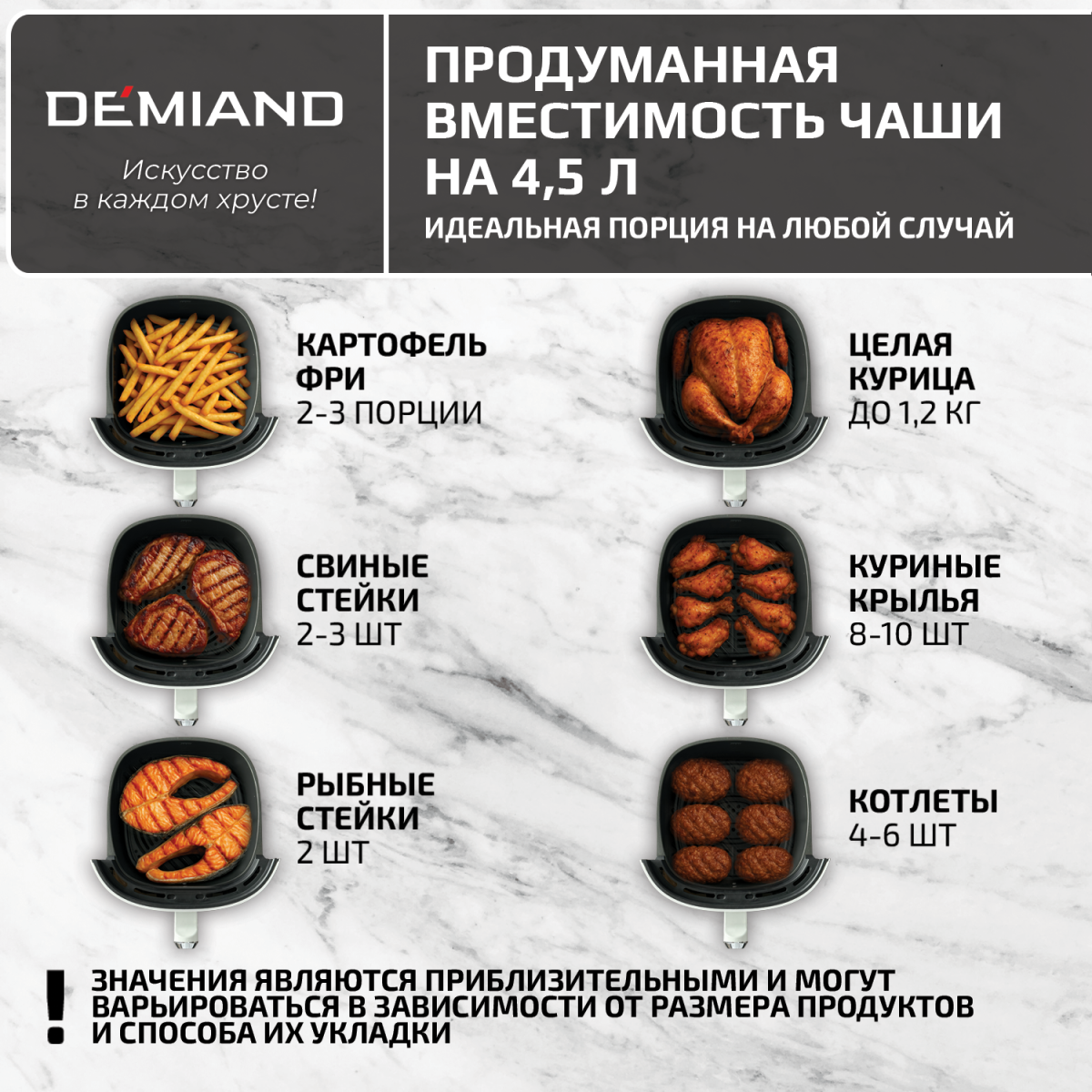 Модель 1600 _ 4.5 л 1x1 Аэрогриль DEMIAND RAUNG 5 в 1, 8 автоматических программ, съемная решетка, корзина со съемной ручкой, книга рецептов, объем 4,5 литра, 1400Вт, DK-1600/Белый — изображение 10