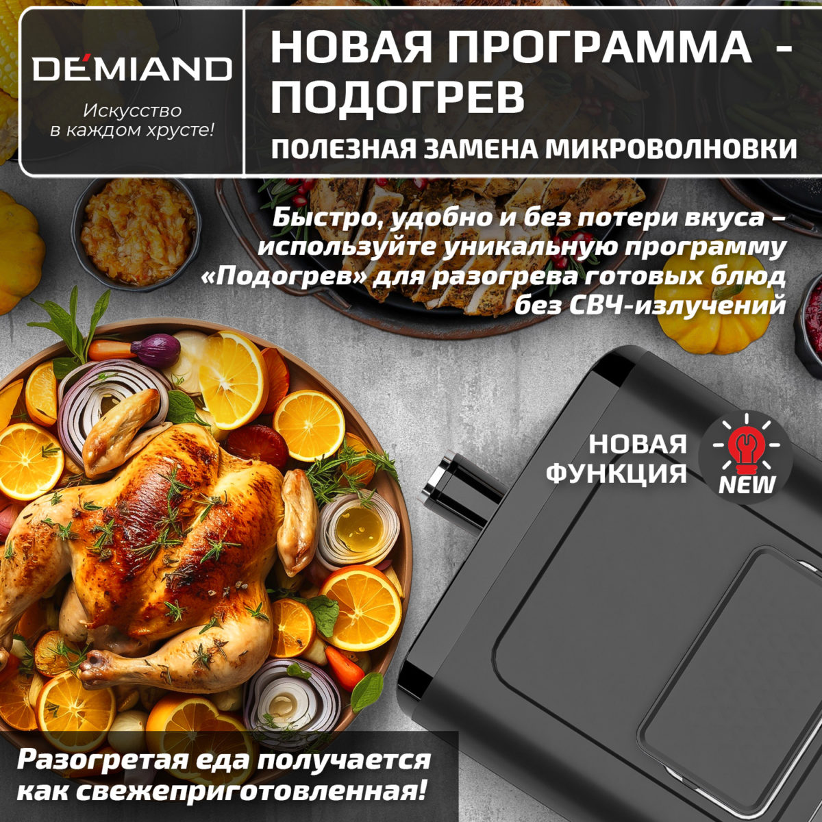 Инновационный аэрогриль DEMIAND SANDERS MAX с технологией приготовления на Пару и горячим обдувом воздуха на 360°, режим жарка на сковороде, углубленная чаша на 9 литров, 12 программ, функция поддержания тепла, дегидрация, подогрев, разморозка,  визуальное окно, сенсорная панель, съемная решетка и корзина, верхний 1600W и нижний тэн 600W, внутренняя камера из стали, стальной корпус, книга рецептов, 2200W, DK-2400 — изображение 11