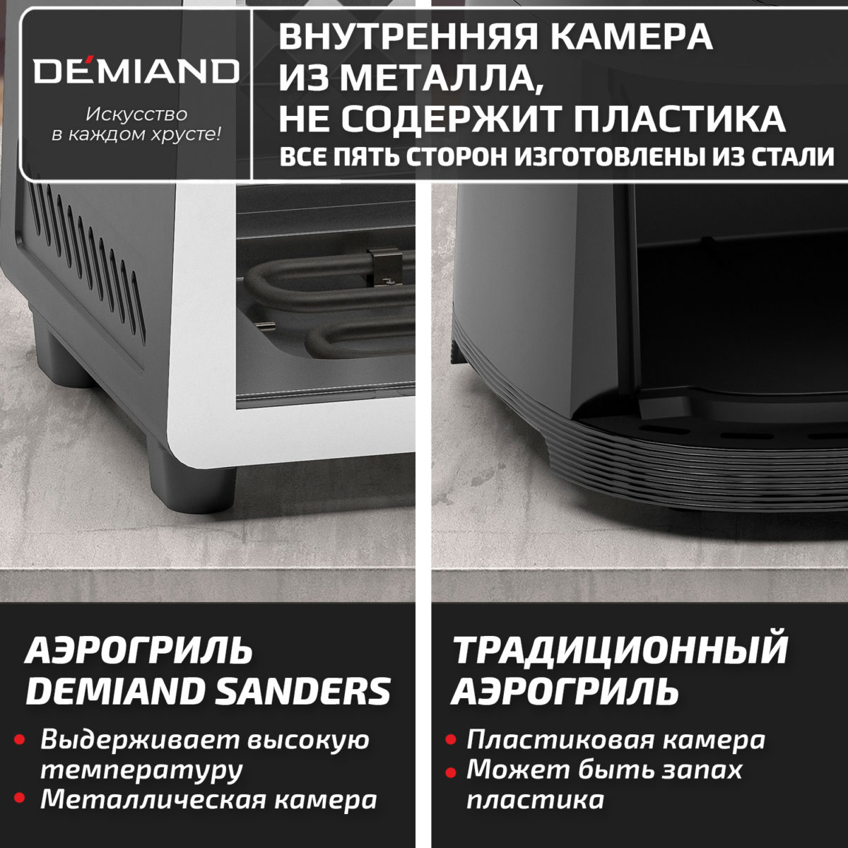 Инновационный аэрогриль DEMIAND SANDERS MAX с технологией приготовления на Пару и горячим обдувом воздуха на 360°, режим жарка на сковороде, углубленная чаша на 9 литров, 12 программ, функция поддержания тепла, дегидрация, подогрев, разморозка,  визуальное окно, сенсорная панель, съемная решетка и корзина, верхний 1600W и нижний тэн 600W, внутренняя камера из стали, стальной корпус, книга рецептов, 2200W, DK-2400 — изображение 18