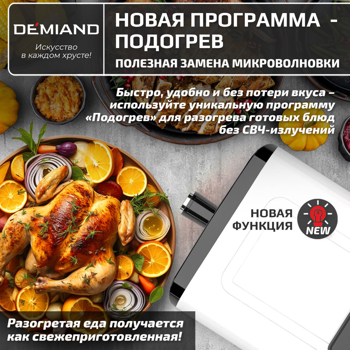 Инновационный аэрогриль DEMIAND SANDERS MAX с технологией приготовления на Пару и горячим обдувом воздуха на 360°, режим жарка на сковороде, углубленная чаша на 9 литров, 12 программ, функция поддержания тепла, дегидрация, подогрев, разморозка,  визуальное окно, сенсорная панель, съемная решетка и корзина, верхний 1600W и нижний тэн 600W, внутренняя камера из стали, стальной корпус, книга рецептов, 2200W, DK-2400/Белый — изображение 11