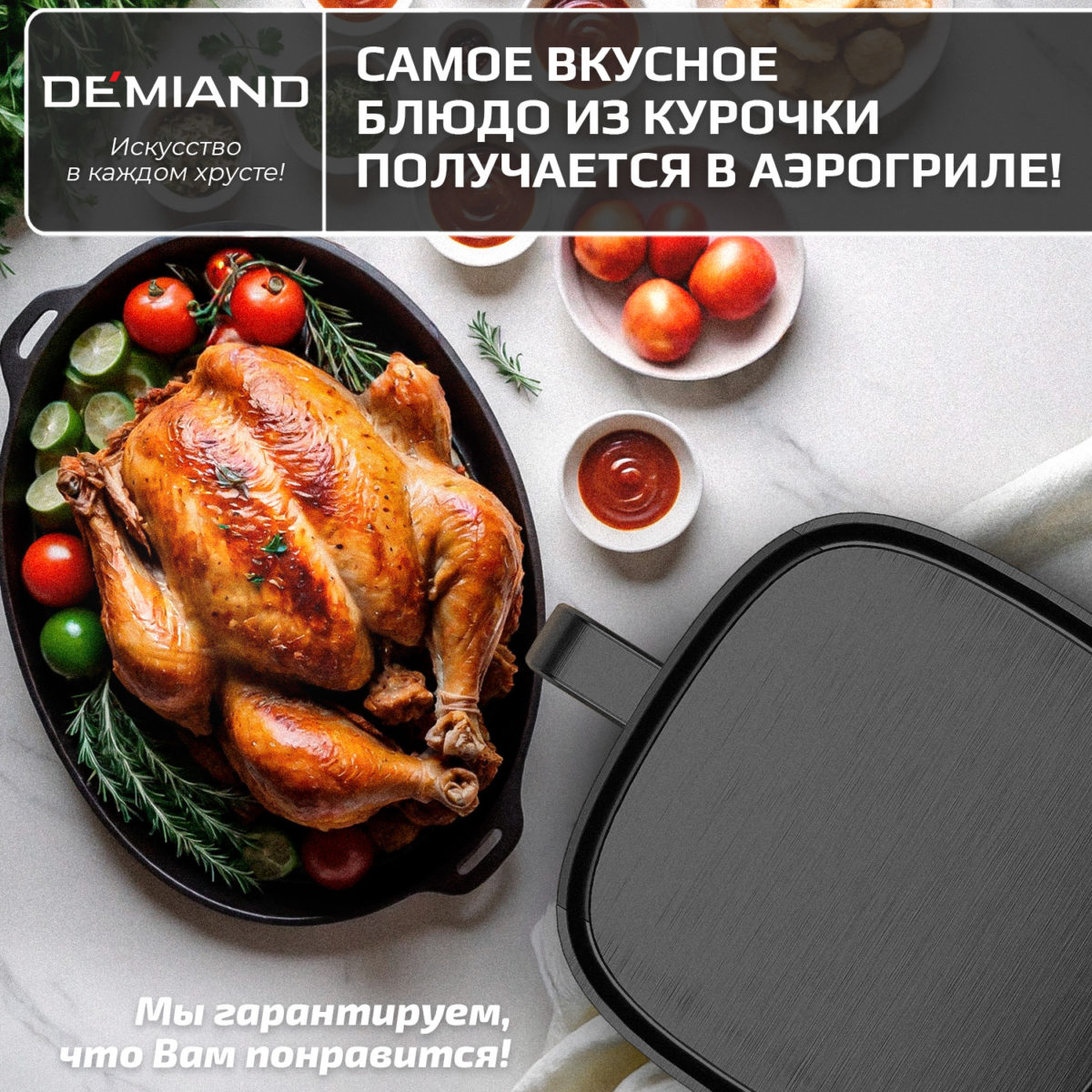 Аэрогриль DEMIAND LEO 5 в 1, с функциями фритюрницы, гриля, духовки, тостера,  мини-печи, сенсорная панель управления, визуальное окно, съемная решетка с тефлоновым  покрытием, держатель для шампуров, 8 автоматических программ, книга рецептов, объем 6 литров,  1500Вт, черный, DK-2500 — изображение 13