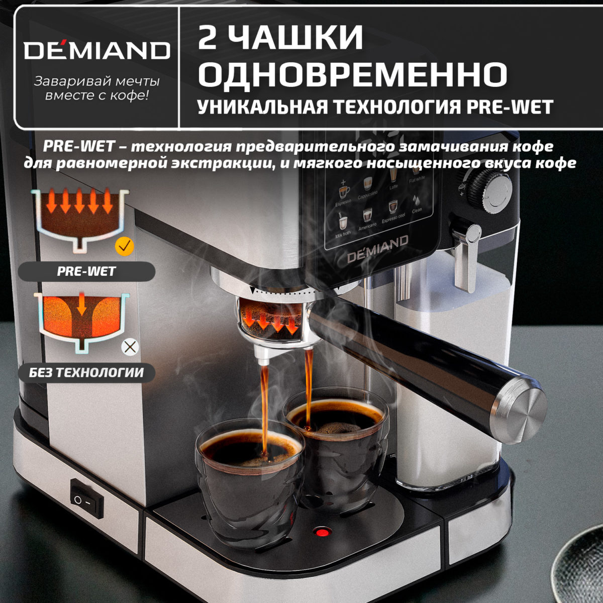 14 Кофеварка рожковая LUNO DEMIAND 7 В 1 С АВТОМАТИЧЕСКИМ КАПУЧИНАТОРОМ с программами эспрессо, американо, капучино, латте, флэт уайт, холодный эспрессо и молочной пены, выбор объема кофе, с 4-мя сменными фильтрами - для молотого кофе (на 1 и 2 эспрессо), для чалд (фильтр-пакетов с кофе) и капсул Nespresso, температура нагрева на панели, 7 автоматических программ, подогрев чашек, сенсорное управление, ЖК-дисплей, самоочистка, итальянская помпа с давлением 20 бар, мощность 1350 Вт, книга бариста — изображение 14