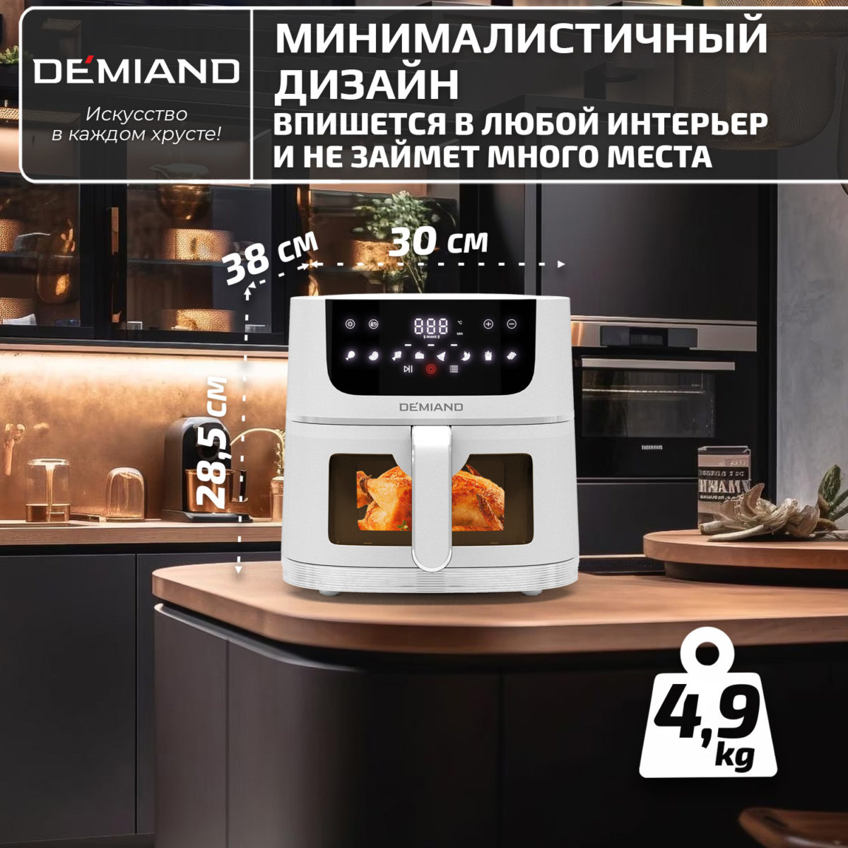 Аэрогриль DEMIAND LEO 5 в 1, с функциями фритюрницы, гриля, духовки, тостера,  мини-печи, сенсорная панель управления, визуальное окно, съемная решетка с тефлоновым  покрытием, держатель для шампуров, 8 автоматических программ, книга рецептов, объем 6 литров,  1500Вт, белый, DK-2500 — изображение 15