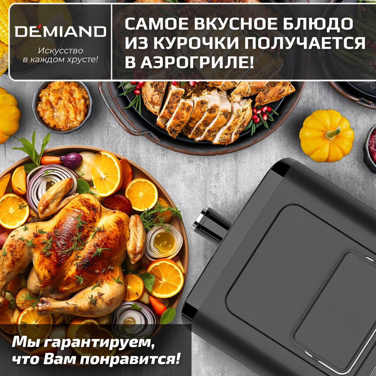 Инновационный аэрогриль DEMIAND SANDERS с технологией приготовления на Пару и горячим  обдувом воздуха на 360°, режим жарка на сковороде, чаша на 6 литров, 12 программ, функция поддержания  тепла, дегидрация, подогрев, разморозка, визуальное окно, сенсорная панель, съемная решетка, чаша, верхний 1450W и нижний тэн 500W, внутренняя камера из стали, стальной корпус, книга рецептов, 1950W — изображение 23