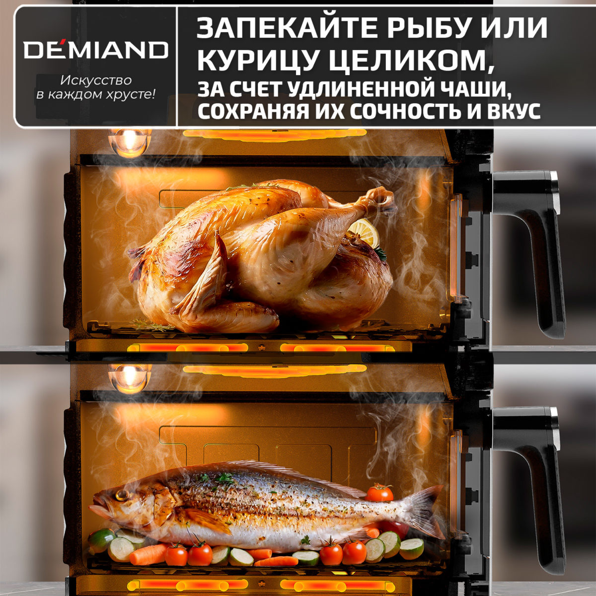 Инновационный аэрогриль DEMIAND SANDERS MAX с технологией приготовления на Пару и горячим обдувом воздуха на 360°, режим жарка на сковороде, углубленная чаша на 9 литров, 12 программ, функция поддержания тепла, дегидрация, подогрев, разморозка,  визуальное окно, сенсорная панель, съемная решетка и корзина, верхний 1600W и нижний тэн 600W, внутренняя камера из стали, стальной корпус, книга рецептов, 2200W, DK-2400/Белый — изображение 2