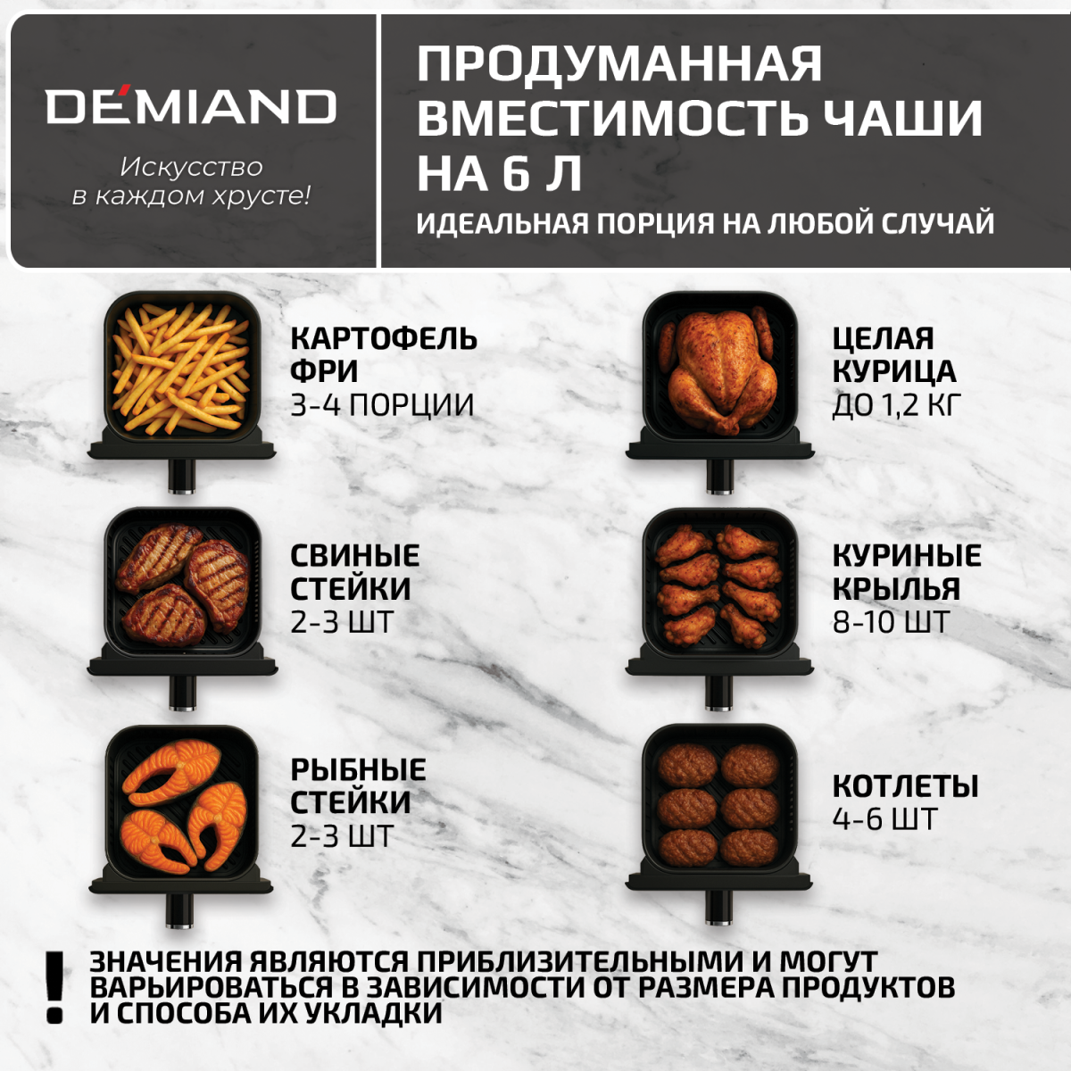 Модель 2200 _ 6 л 1x1 Инновационный аэрогриль DEMIAND SANDERS с технологией приготовления на Пару и горячим  обдувом воздуха на 360°, режим жарка на сковороде, чаша на 6 литров, 12 программ, функция поддержания  тепла, дегидрация, подогрев, разморозка, визуальное окно, сенсорная панель, съемная решетка, чаша, верхний 1450W и нижний тэн 500W, внутренняя камера из стали, стальной корпус, книга рецептов, 1950W — изображение 8