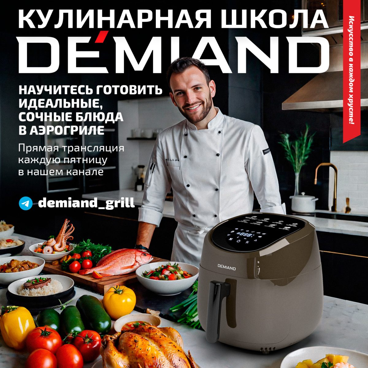 Фото кулинарной школы 1х1 (1) Аэрогриль DEMIAND RAUNG 5 в 1, 8 автоматических программ,  съемная решетка, корзина со съемной ручкой, книга рецептов, объем 4,5 литра, 1400Вт, DK-1600/Шоколад — изображение 6