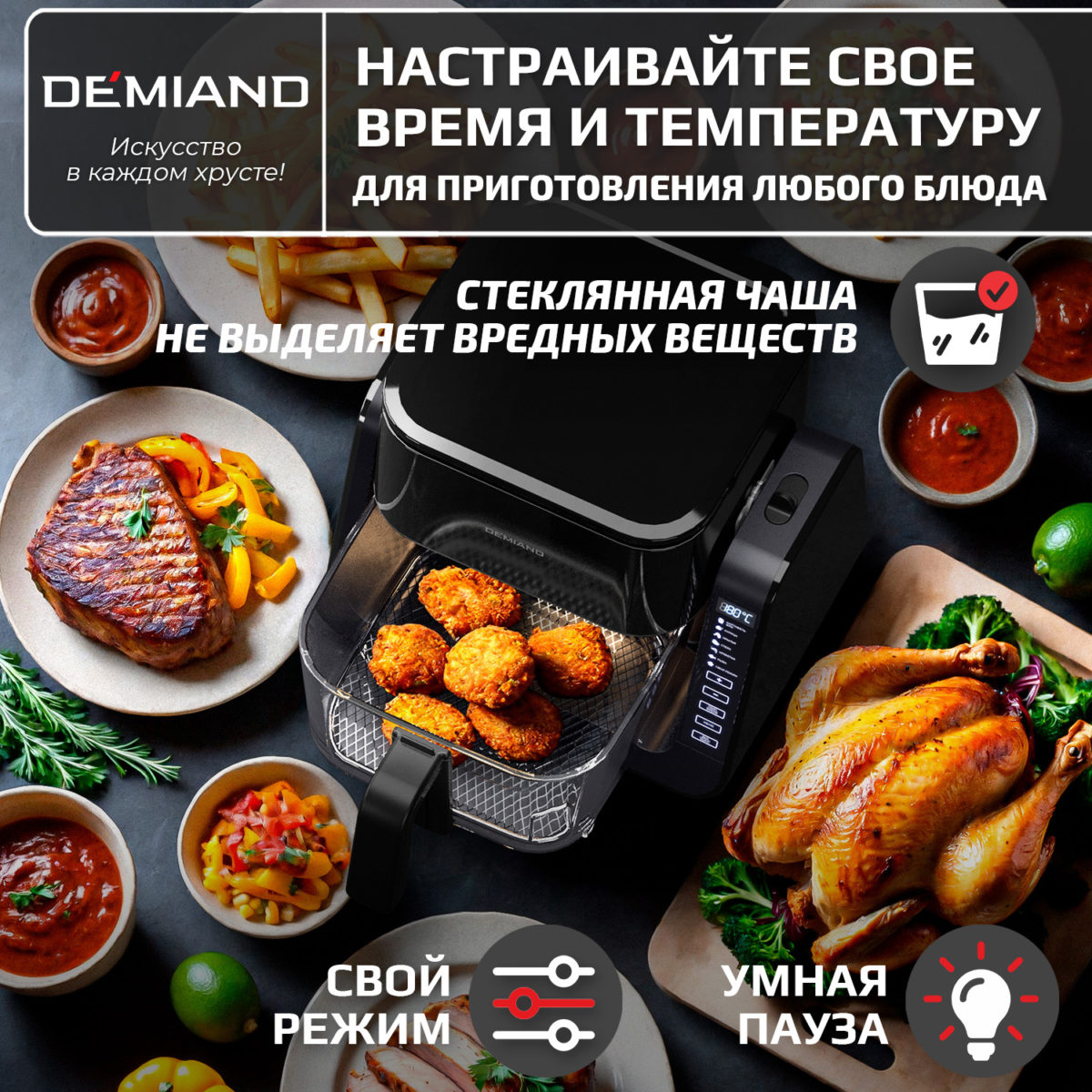 11 Комбинированный Аэрогриль Трансформер DEMIAND COMBO с уникальным механизмом FLIP-UP, стеклянной чашей и дополнительной чашей с крышкой для тушения и жарки на сковороде, инновационной технологией FAST HOT AIR, 7 автоматических программ, книга на 100 рецептов, решетка, объем 4 литра, 1500W, DK-2600/Черный — изображение 11