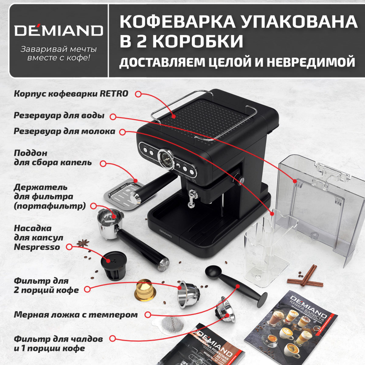 Кофеварка рожковая RETRO DEMIAND 3 В 1 С АВТОМАТИЧЕСКИМ КАПУЧИНАТОРОМ для приготовления напитков эспрессо, капучино, латте и просто молочной пены, с 3-мя сменными фильтрами - для молотого кофе (на 1 и 2 эспрессо), для чалд (фильтр-пакетов с кофе) и капсул Nespresso, 7 автоматических программ, подогрев чашек, сенсорное управление, итальянская помпа с давлением 20 бар, мощность 1350 Вт, книга бариста, KF-3200 — изображение 12