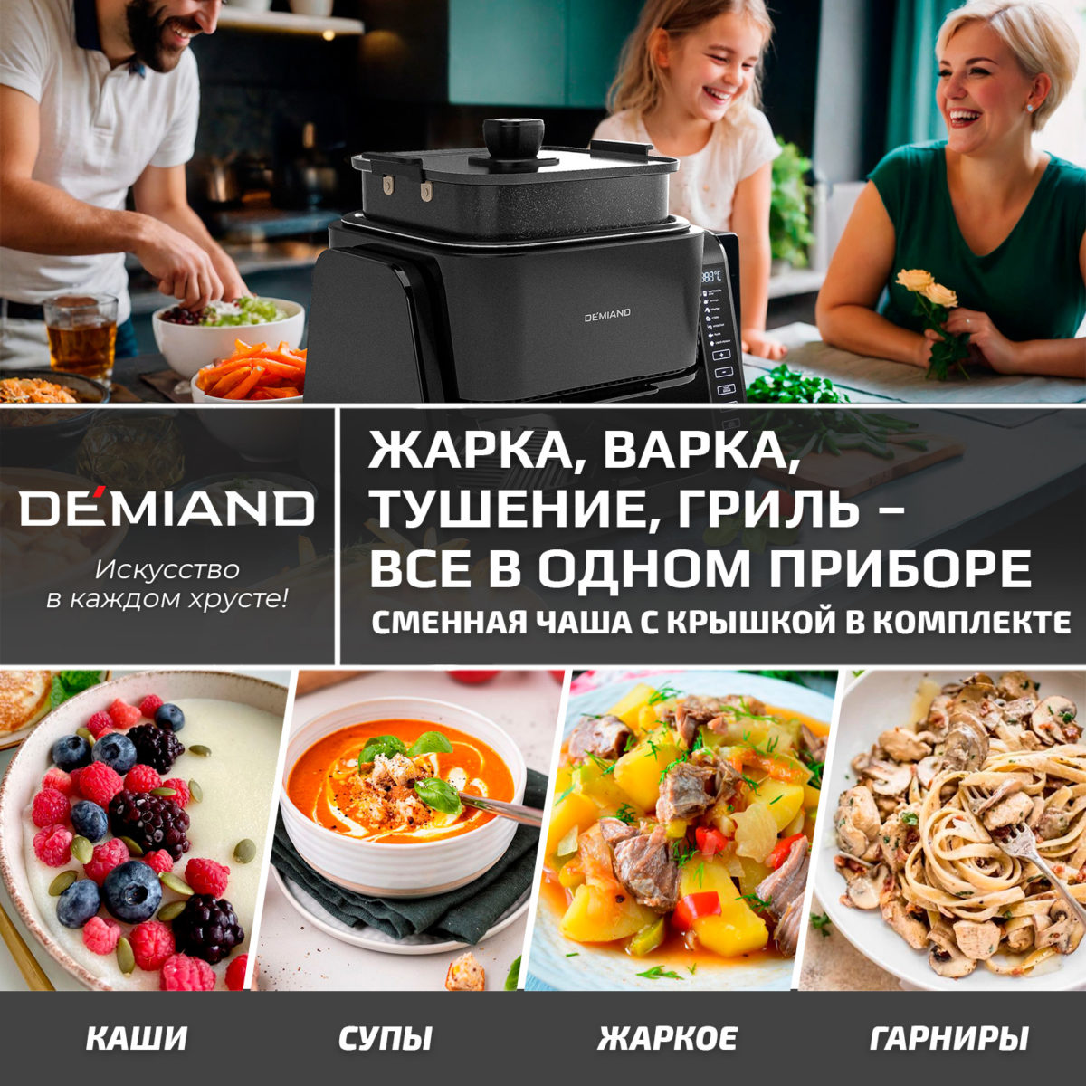 4 Комбинированный Аэрогриль Трансформер DEMIAND COMBO с уникальным механизмом FLIP-UP, стеклянной чашей и дополнительной чашей с крышкой для тушения и жарки на сковороде, инновационной технологией FAST HOT AIR, 7 автоматических программ, книга на 100 рецептов, решетка, объем 4 литра, 1500W, DK-2600/Черный — изображение 4