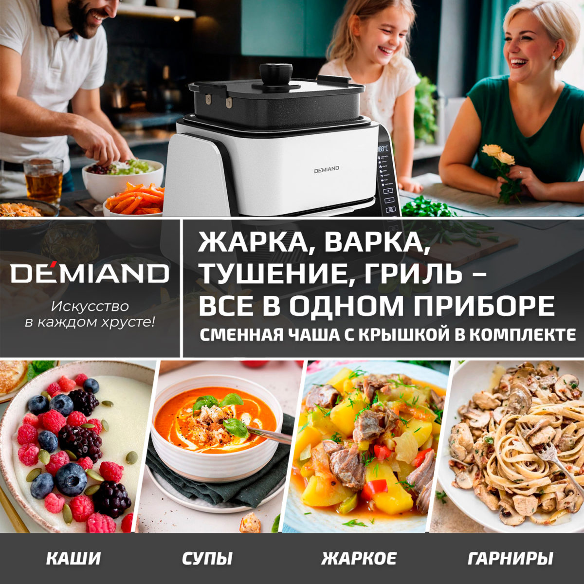 4 Комбинированный Аэрогриль Трансформер DEMIAND COMBO с уникальным механизмом FLIP-UP, стеклянной чашей и дополнительной чашей с крышкой для тушения и жарки на сковороде, инновационной технологией FAST HOT AIR, 7 автоматических программ, книга на 100 рецептов, решетка, объем 4 литра, 1500W, DK-2600/Белый — изображение 4