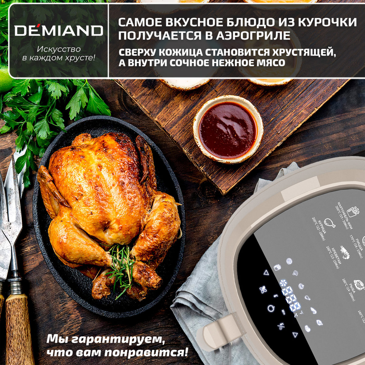 7 Аэрогриль DEMIAND RAUNG 5 в 1, 8 автоматических программ,  съемная решетка, корзина со съемной ручкой, книга рецептов, объем 4,5 литра, 1400Вт, DK-1600/Бежевый — изображение 11