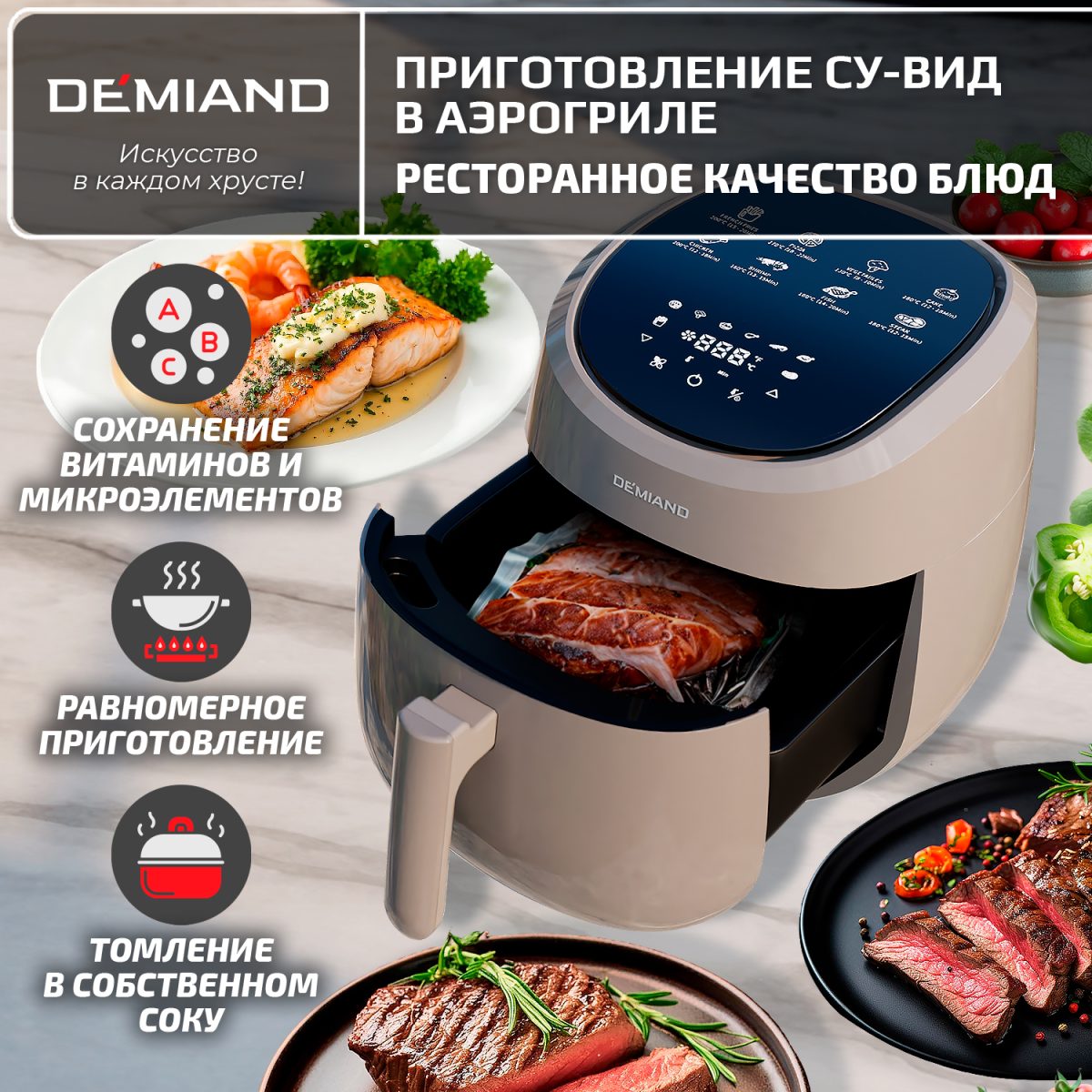 Бежевый 1х1 Аэрогриль DEMIAND RAUNG 5 в 1, 8 автоматических программ,  съемная решетка, корзина со съемной ручкой, книга рецептов, объем 4,5 литра, 1400Вт, DK-1600/Бежевый — изображение 12