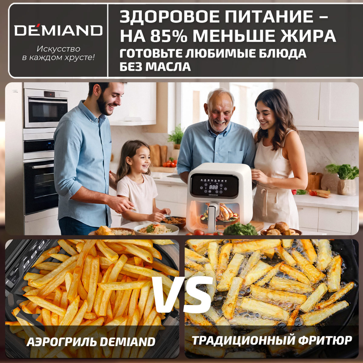 Аэрогриль DEMIAND CRISPO с технологией обдува воздуха на 360°, с функциями фритюрницы, гриля, духовки, тостера, минипечи, сенсорная панель управления, стеклянная чаша, съемная решетка, 8 автоматических программ, подогрев, книга рецептов, объем 4 литра, верхний 1400W и нижний ТЭН 400W, бежевый, DK-2300 — изображение 13