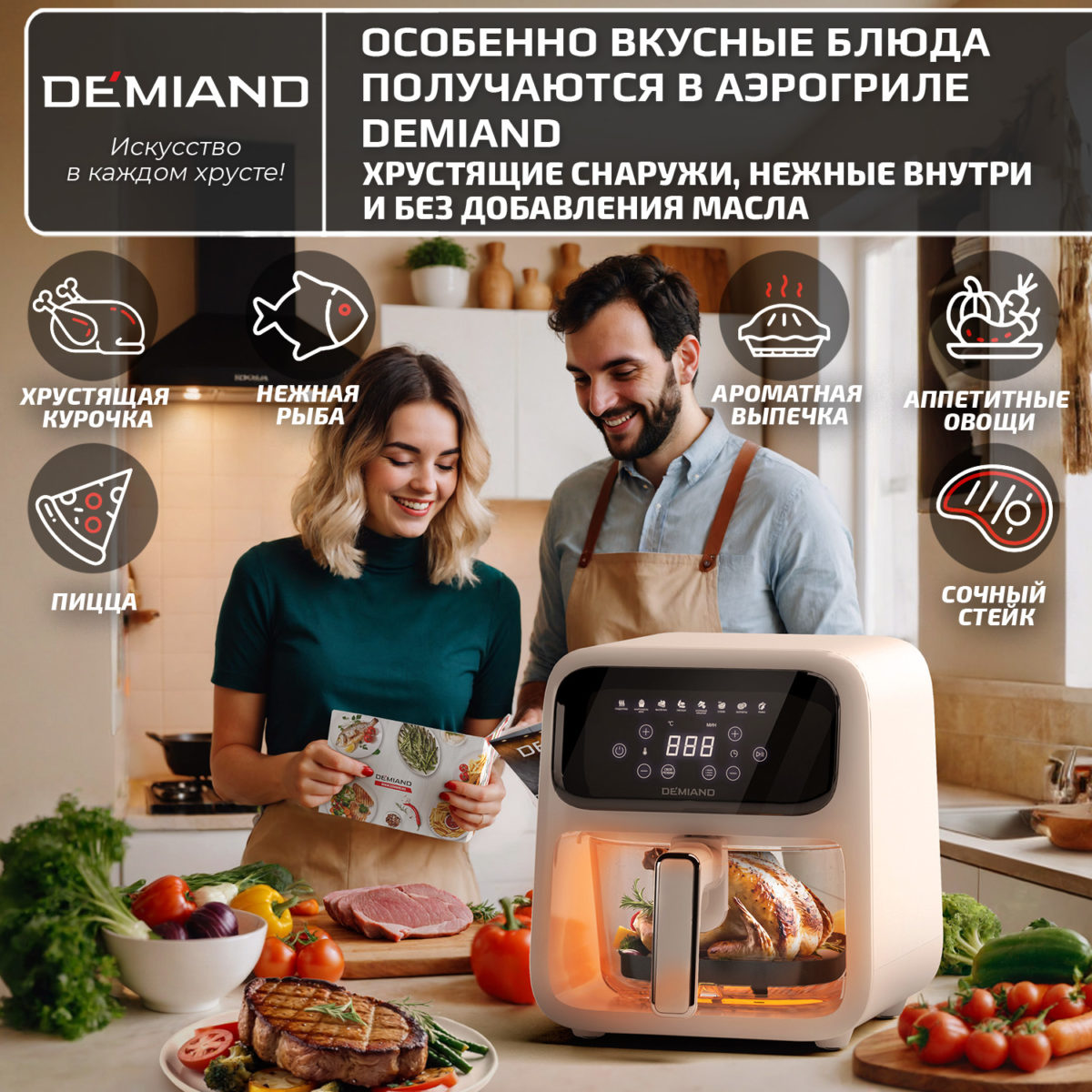 Аэрогриль DEMIAND CRISPO с технологией обдува воздуха на 360°, с функциями фритюрницы, гриля, духовки, тостера, минипечи, сенсорная панель управления, стеклянная чаша, съемная решетка, 8 автоматических программ, подогрев, книга рецептов, объем 4 литра, верхний 1400W и нижний ТЭН 400W, бежевый, DK-2300 — изображение 17