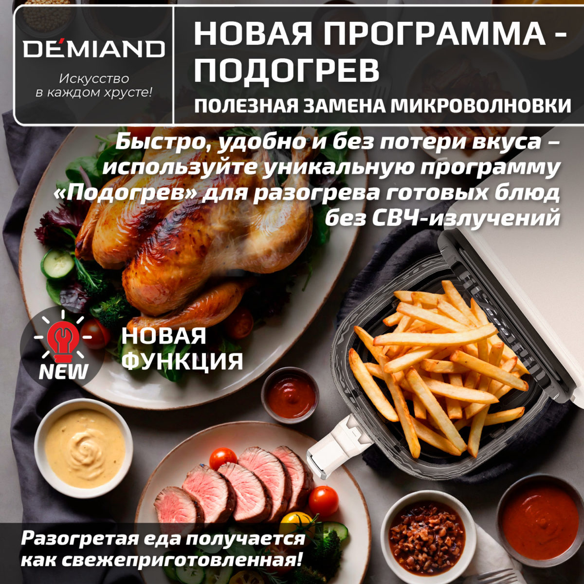 Аэрогриль DEMIAND CRISPO с технологией обдува воздуха на 360°, с функциями фритюрницы, гриля, духовки, тостера, минипечи, сенсорная панель управления, стеклянная чаша, съемная решетка, 8 автоматических программ, подогрев, книга рецептов, объем 4 литра, верхний 1400W и нижний ТЭН 400W, бежевый, DK-2300 — изображение 10