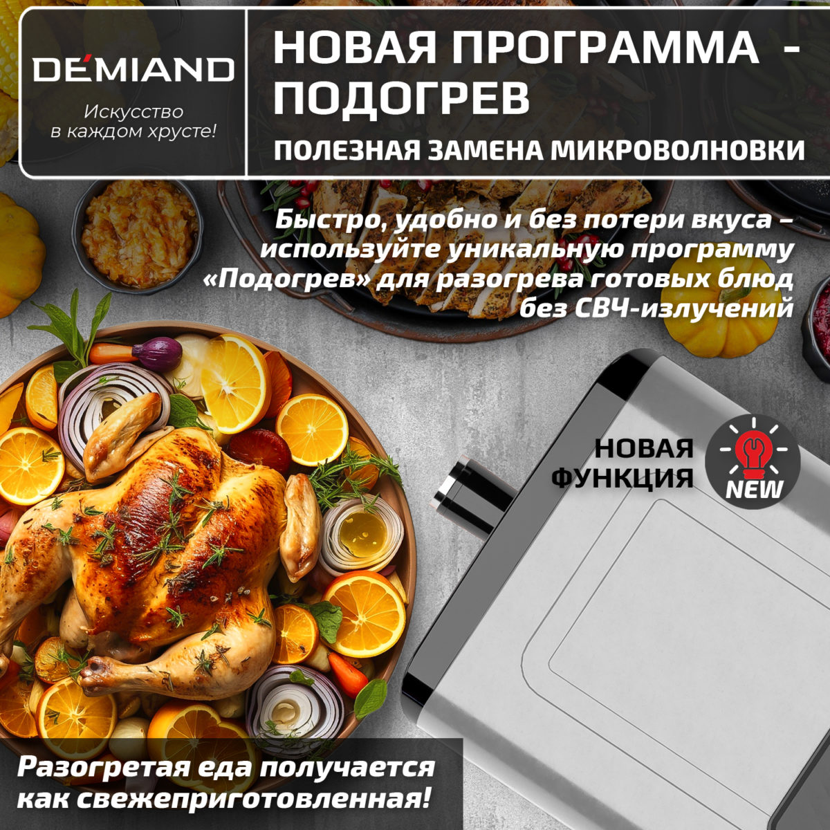 11 Инновационный аэрогриль DEMIAND SANDERS MAX с технологией приготовления на Пару и горячим обдувом воздуха на 360°, режим жарка на сковороде, углубленная чаша на 9 литров, 12 программ, функция поддержания тепла, дегидрация, подогрев, разморозка,  визуальное окно, сенсорная панель, съемная решетка и корзина, верхний 1600W и нижний тэн 600W, внутренняя камера из стали, стальной корпус, книга рецептов, 2200W, DK-2400 — изображение 16