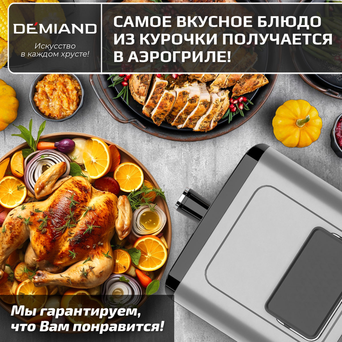 17 Инновационный аэрогриль DEMIAND SANDERS с технологией приготовления на Пару и горячим  обдувом воздуха на 360°, режим жарка на сковороде, чаша на 6 литров, 12 программ, функция поддержания  тепла, дегидрация, подогрев, разморозка, визуальное окно, сенсорная панель, съемная решетка, чаша, верхний 1450W и нижний тэн 500W, внутренняя камера из стали, стальной корпус, книга рецептов, 1950W — изображение 23