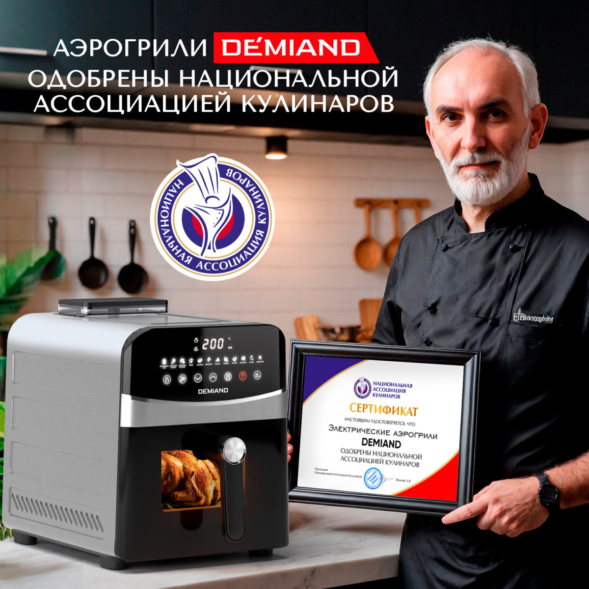 1х1 Инновационный аэрогриль DEMIAND SANDERS MAX с технологией приготовления на Пару и горячим обдувом воздуха на 360°, режим жарка на сковороде, углубленная чаша на 9 литров, 12 программ, функция поддержания тепла, дегидрация, подогрев, разморозка,  визуальное окно, сенсорная панель, съемная решетка и корзина, верхний 1600W и нижний тэн 600W, внутренняя камера из стали, стальной корпус, книга рецептов, 2200W, DK-2400 — изображение 5