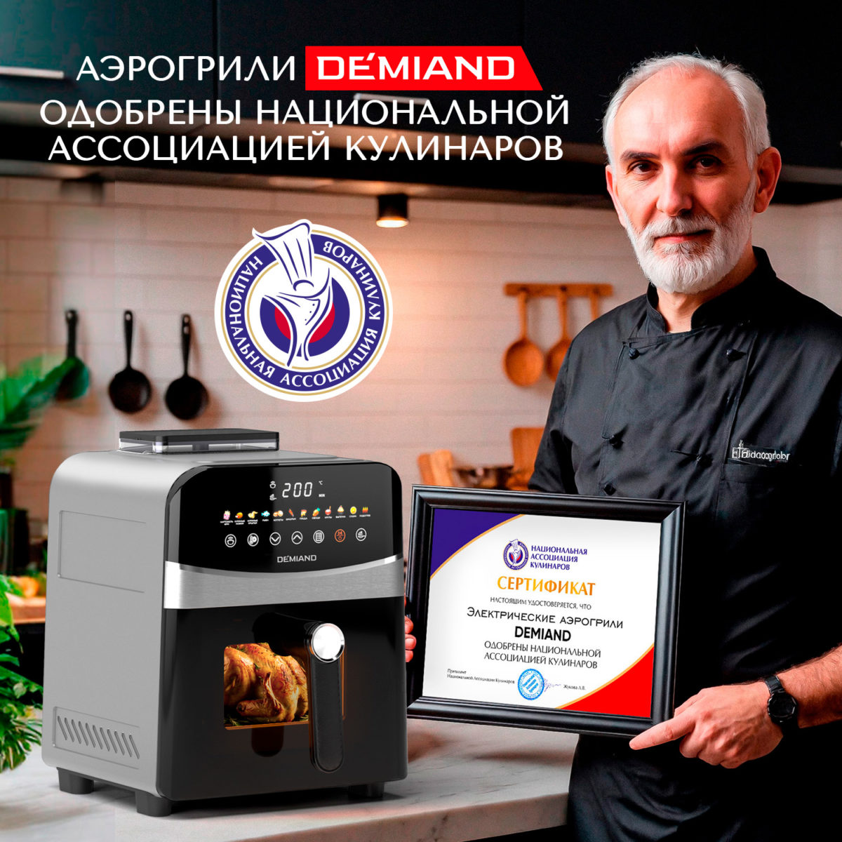 1х1 Инновационный аэрогриль DEMIAND SANDERS с технологией приготовления на Пару и горячим  обдувом воздуха на 360°, режим жарка на сковороде, чаша на 6 литров, 12 программ, функция поддержания  тепла, дегидрация, подогрев, разморозка, визуальное окно, сенсорная панель, съемная решетка, чаша, верхний 1450W и нижний тэн 500W, внутренняя камера из стали, стальной корпус, книга рецептов, 1950W — изображение 4