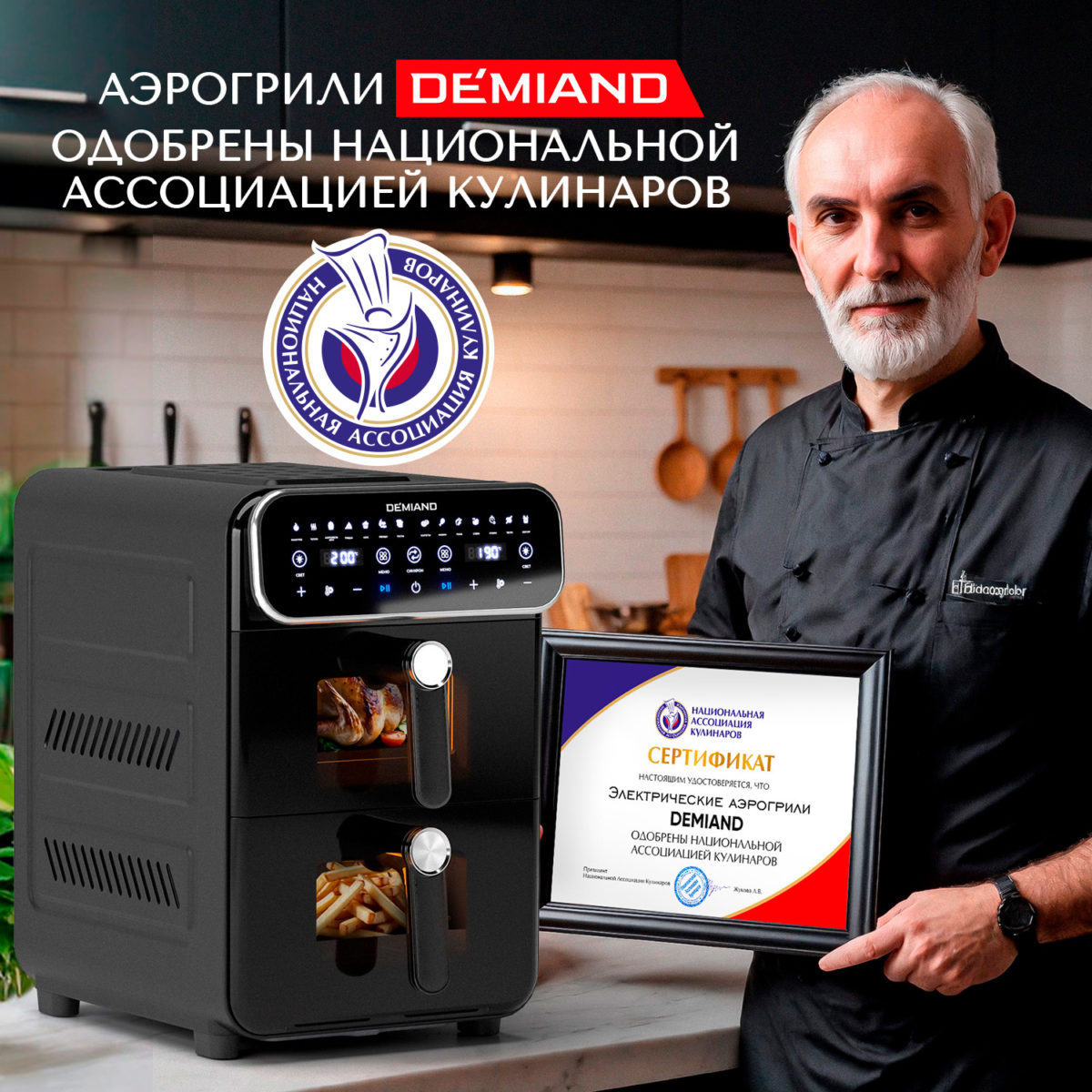 1х1 Аэрогриль с двумя чашами DEMIAND DUOS с горячим обдувом воздуха на 360°, чаши на 8 литров и 6 литров, 14 программ, функция поддержания тепла, дегидрация, подогрев, разморозка,  визуальное окно, сенсорная панель, съемные решетки с керамическим покрытием, верхняя чаша 1700W и нижняя чаша 1500W, внутренняя камера из стали, стальной корпус, книга рецептов, DK-2100, черный — изображение 5