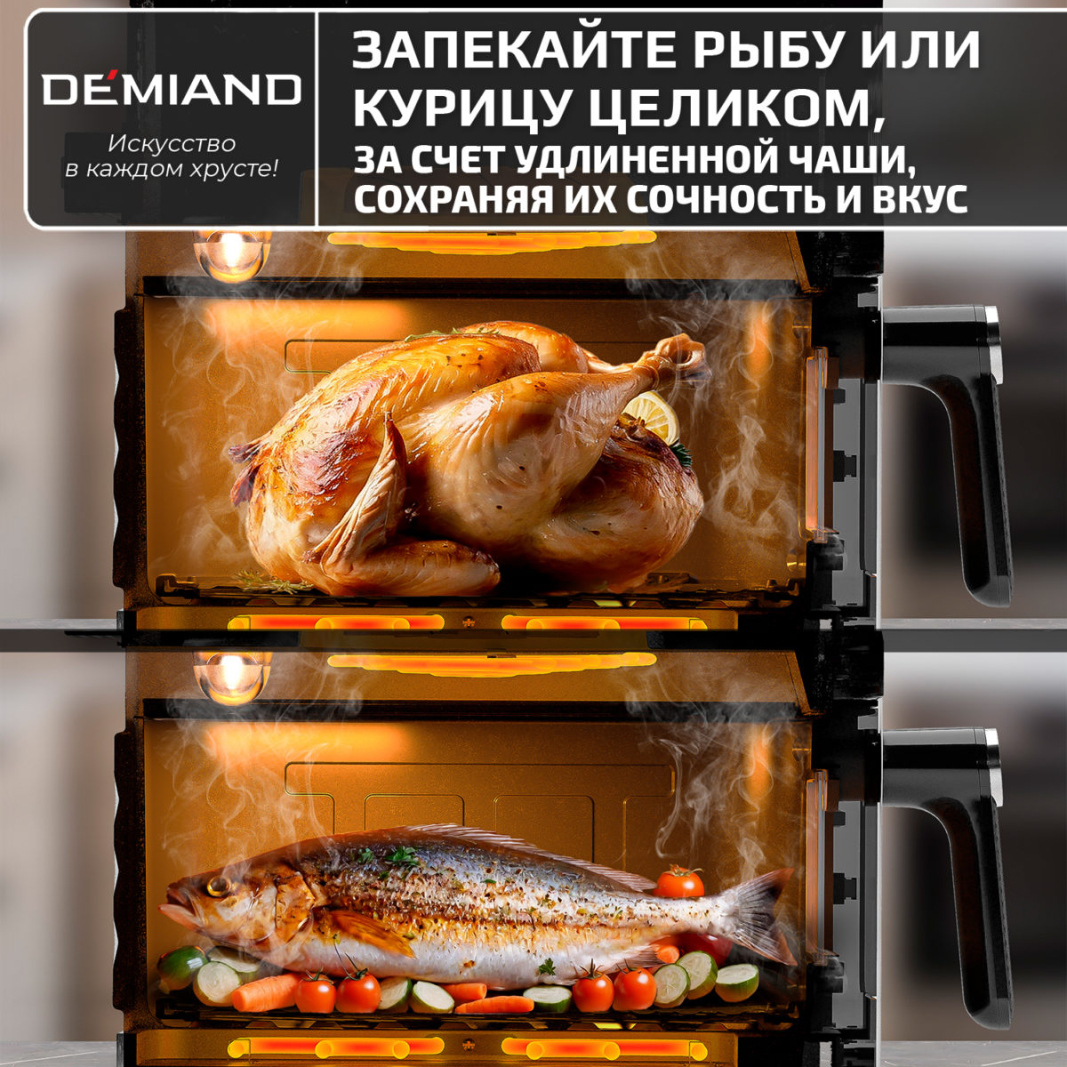 2 Инновационный аэрогриль DEMIAND SANDERS MAX с технологией приготовления на Пару и горячим обдувом воздуха на 360°, режим жарка на сковороде, углубленная чаша на 9 литров, 12 программ, функция поддержания тепла, дегидрация, подогрев, разморозка,  визуальное окно, сенсорная панель, съемная решетка и корзина, верхний 1600W и нижний тэн 600W, внутренняя камера из стали, стальной корпус, книга рецептов, 2200W, DK-2400 — изображение 2