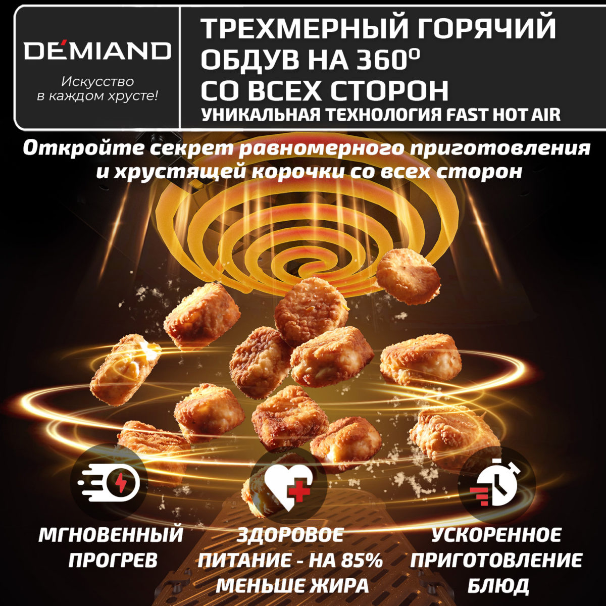 4 Аэрогриль с двумя чашами DEMIAND DUOS с горячим обдувом воздуха на 360°, чаши на 8 литров и 6 литров, 14 программ, функция поддержания тепла, дегидрация, подогрев, разморозка,  визуальное окно, сенсорная панель, съемные решетки с керамическим покрытием, верхняя чаша 1700W и нижняя чаша 1500W, внутренняя камера из стали, стальной корпус, книга рецептов, DK-2100, черный — изображение 4