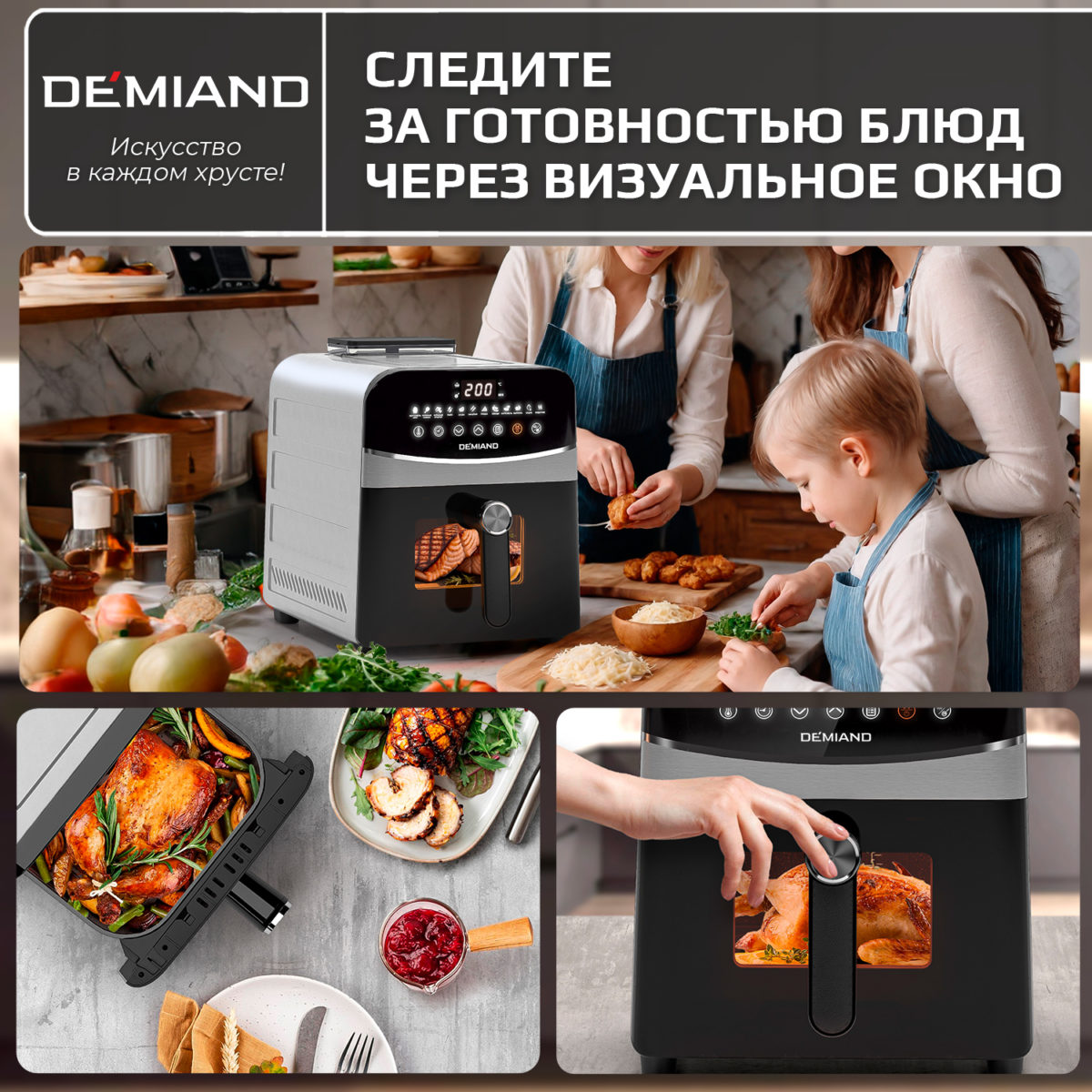 6 Инновационный аэрогриль DEMIAND SANDERS MAX с технологией приготовления на Пару и горячим обдувом воздуха на 360°, режим жарка на сковороде, углубленная чаша на 9 литров, 12 программ, функция поддержания тепла, дегидрация, подогрев, разморозка,  визуальное окно, сенсорная панель, съемная решетка и корзина, верхний 1600W и нижний тэн 600W, внутренняя камера из стали, стальной корпус, книга рецептов, 2200W, DK-2400 — изображение 10