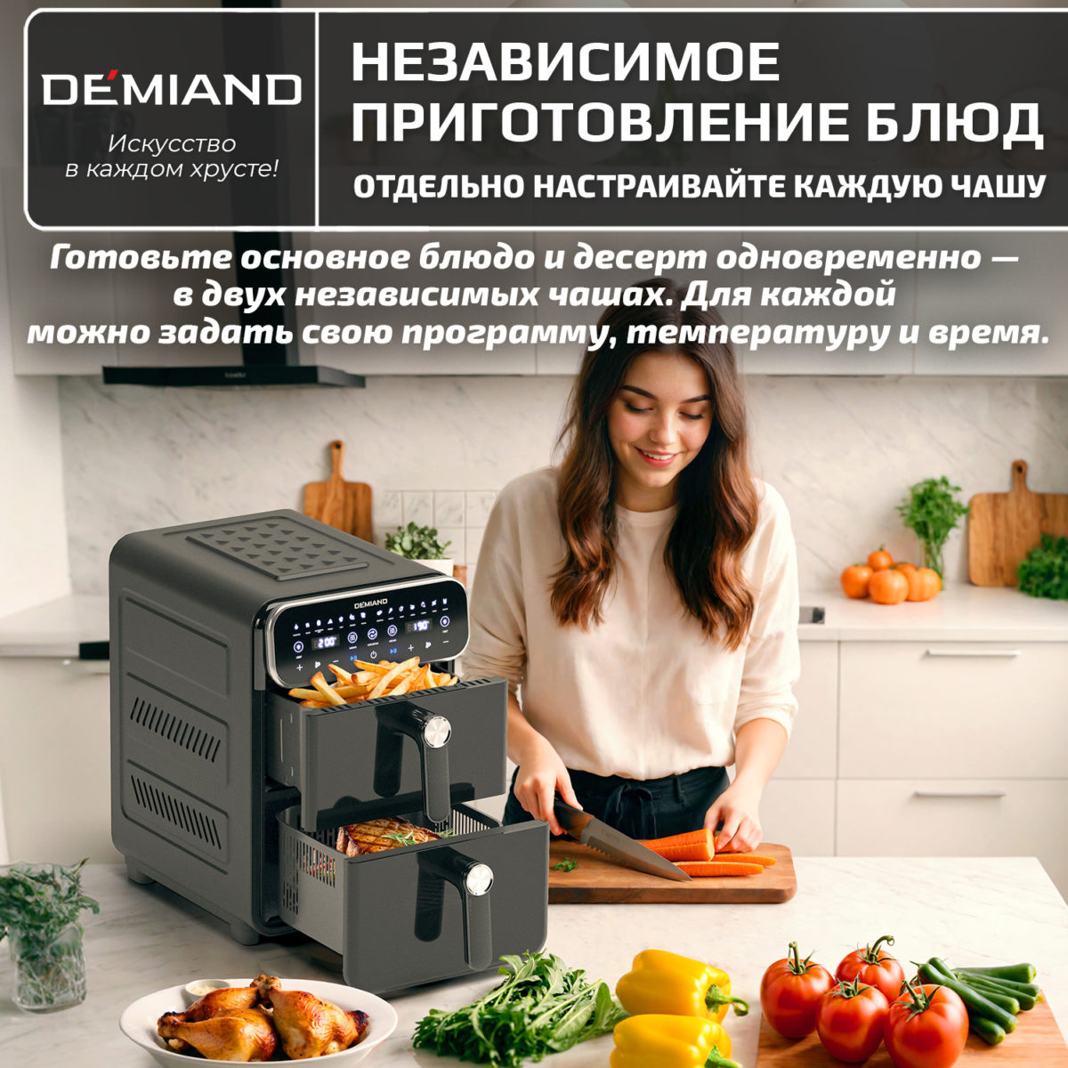 6 Аэрогриль с двумя чашами DEMIAND DUOS с горячим обдувом воздуха на 360°, чаши на 8 литров и 6 литров, 14 программ, функция поддержания тепла, дегидрация, подогрев, разморозка,  визуальное окно, сенсорная панель, съемные решетки с керамическим покрытием, верхняя чаша 1700W и нижняя чаша 1500W, внутренняя камера из стали, стальной корпус, книга рецептов, DK-2100, черный — изображение 8