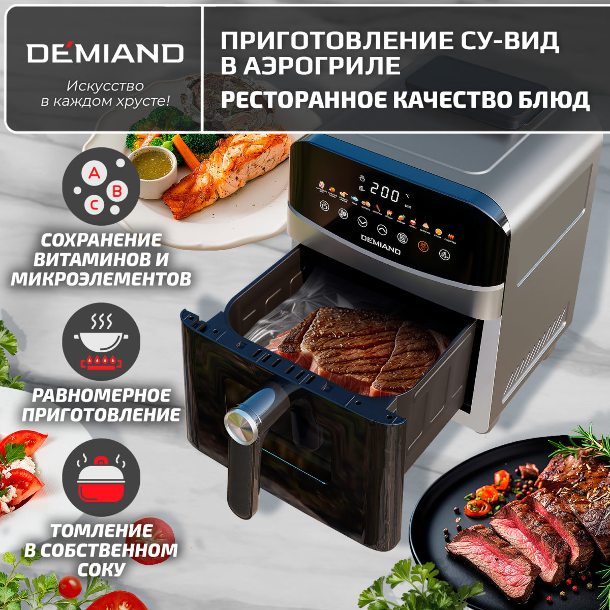 Су-вид Инновационный аэрогриль DEMIAND SANDERS с технологией приготовления на Пару и горячим  обдувом воздуха на 360°, режим жарка на сковороде, чаша на 6 литров, 12 программ, функция поддержания  тепла, дегидрация, подогрев, разморозка, визуальное окно, сенсорная панель, съемная решетка, чаша, верхний 1450W и нижний тэн 500W, внутренняя камера из стали, стальной корпус, книга рецептов, 1950W — изображение 9