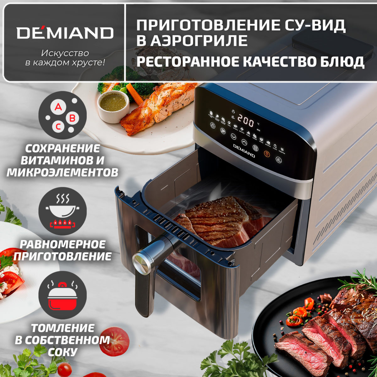 Су-вид 2400 металл Инновационный аэрогриль DEMIAND SANDERS MAX с технологией приготовления на Пару и горячим обдувом воздуха на 360°, режим жарка на сковороде, углубленная чаша на 9 литров, 12 программ, функция поддержания тепла, дегидрация, подогрев, разморозка,  визуальное окно, сенсорная панель, съемная решетка и корзина, верхний 1600W и нижний тэн 600W, внутренняя камера из стали, стальной корпус, книга рецептов, 2200W, DK-2400 — изображение 8