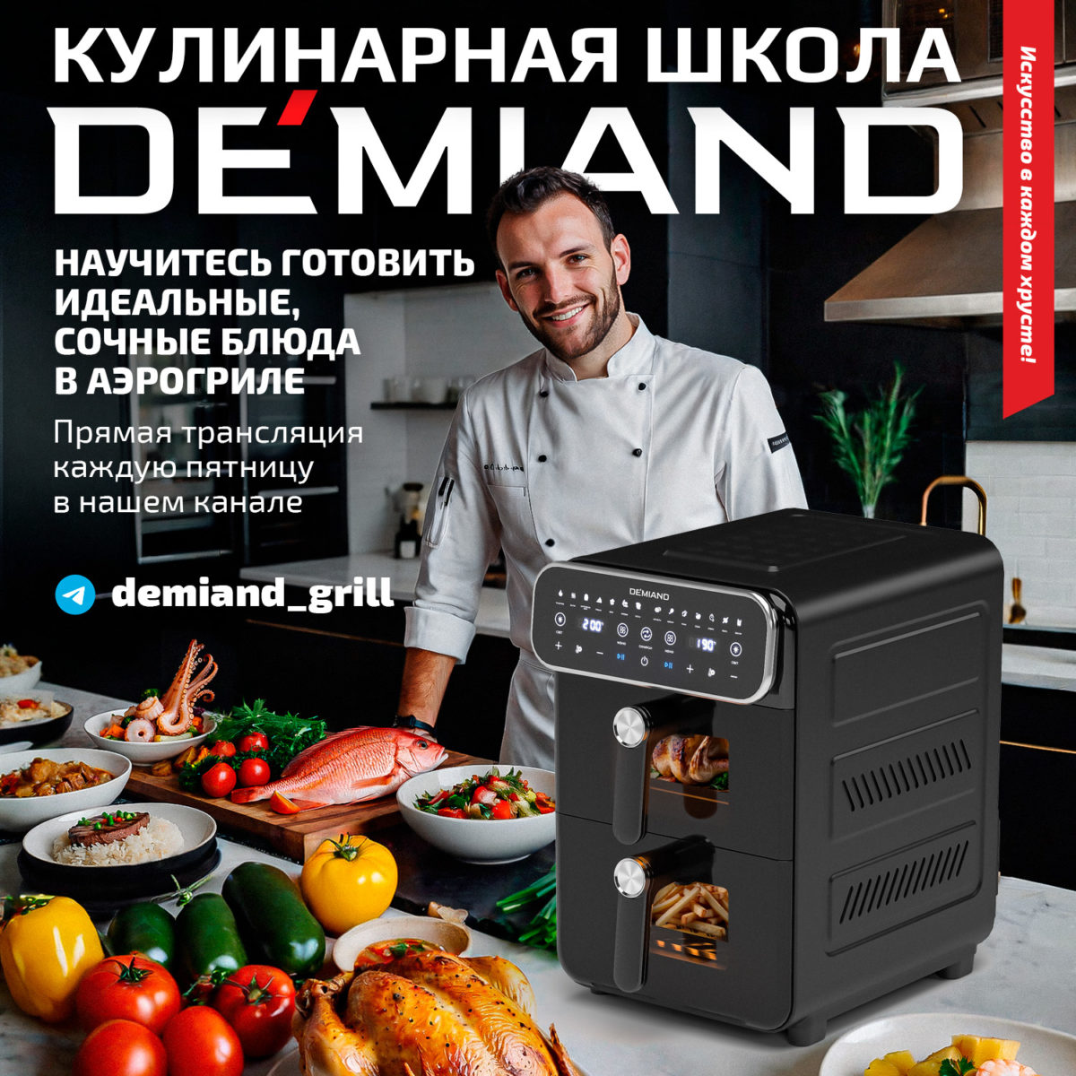 Фото кулинарной школы 1х1 Аэрогриль с двумя чашами DEMIAND DUOS с горячим обдувом воздуха на 360°, чаши на 8 литров и 6 литров, 14 программ, функция поддержания тепла, дегидрация, подогрев, разморозка,  визуальное окно, сенсорная панель, съемные решетки с керамическим покрытием, верхняя чаша 1700W и нижняя чаша 1500W, внутренняя камера из стали, стальной корпус, книга рецептов, DK-2100, черный — изображение 6