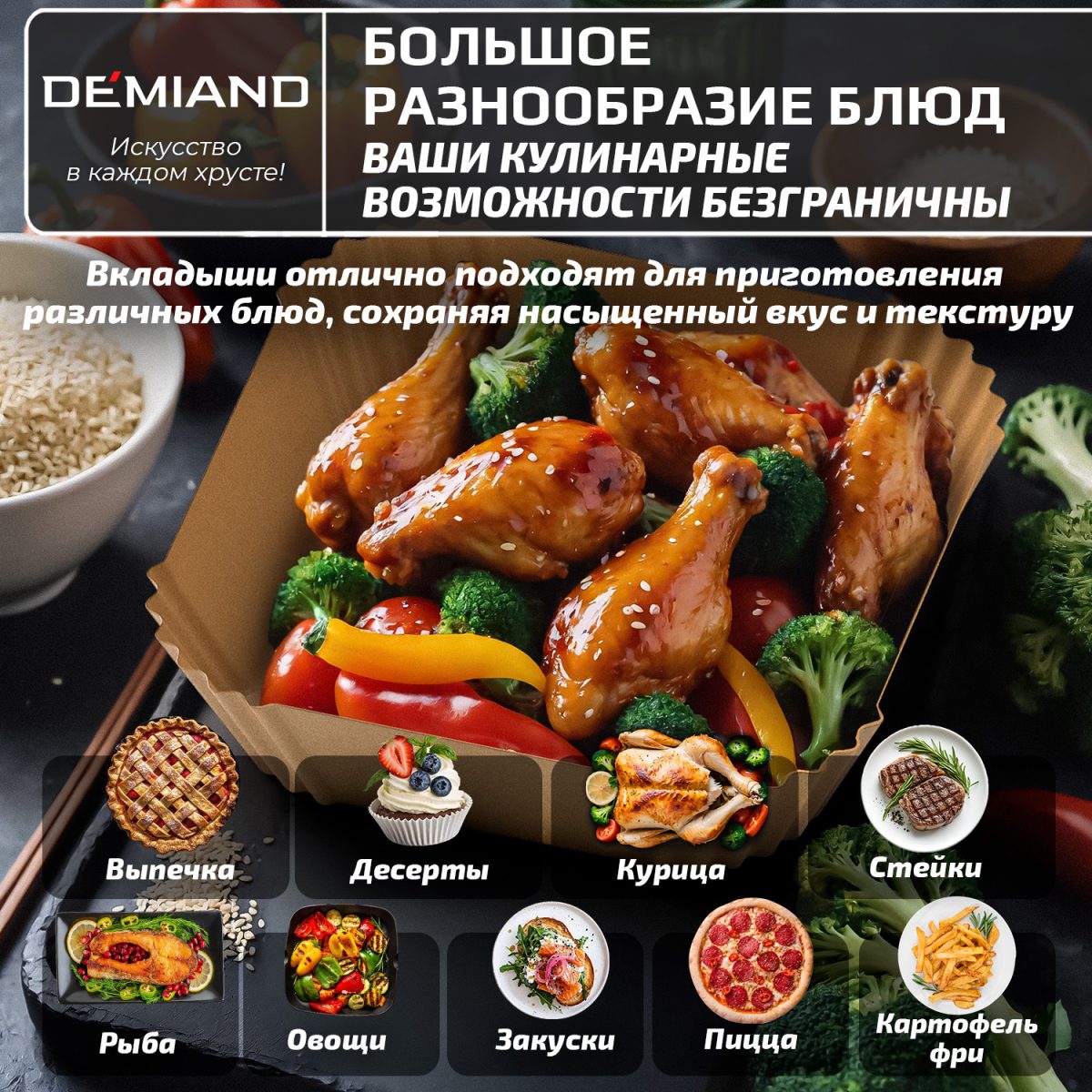 Одноразовые пергаментные вкладыши с силиконовым покрытием DEMIAND для аэрогриля и духовки, для выпечки, квадратные, 20х20 см, 100 штук, АА-148 — изображение 5