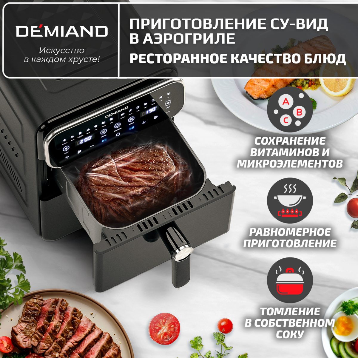 Су-вид 2100 1х1 Аэрогриль с двумя чашами DEMIAND DUOS с горячим обдувом воздуха на 360°, чаши на 8 литров и 6 литров, 14 программ, функция поддержания тепла, дегидрация, подогрев, разморозка,  визуальное окно, сенсорная панель, съемные решетки с керамическим покрытием, верхняя чаша 1700W и нижняя чаша 1500W, внутренняя камера из стали, стальной корпус, книга рецептов, DK-2100, черный — изображение 15