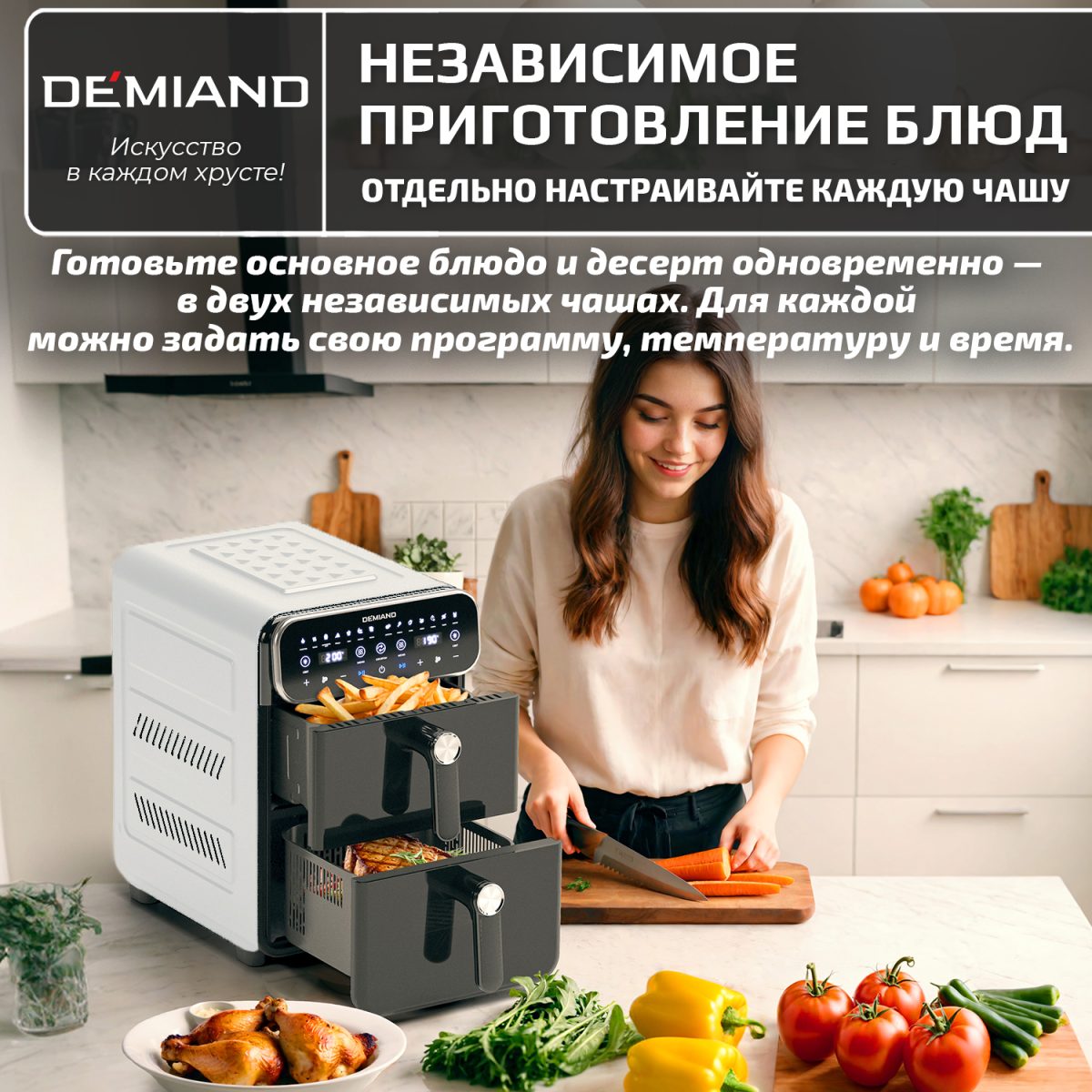 6 Аэрогриль с двумя чашами DEMIAND DUOS с горячим обдувом воздуха на 360°, чаши на 8 литров и 6 литров, 14 программ, функция поддержания тепла, дегидрация, подогрев, разморозка,  визуальное окно, сенсорная панель, съемные решетки с керамическим покрытием, верхняя чаша 1700W и нижняя чаша 1500W, внутренняя камера из стали, стальной корпус, книга рецептов, DK-2100, белый — изображение 8