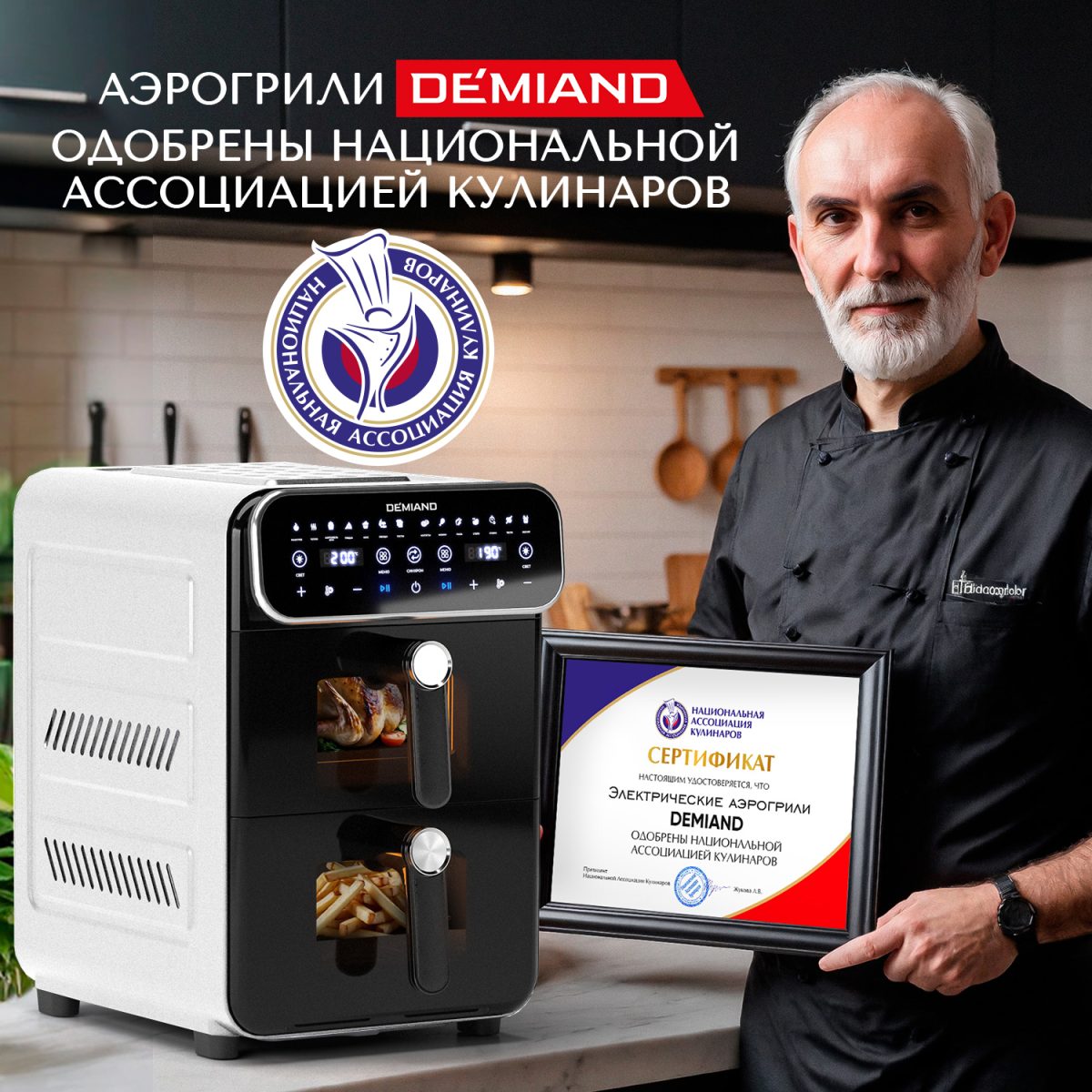 Сертификат Аэрогриль с двумя чашами DEMIAND DUOS с горячим обдувом воздуха на 360°, чаши на 8 литров и 6 литров, 14 программ, функция поддержания тепла, дегидрация, подогрев, разморозка,  визуальное окно, сенсорная панель, съемные решетки с керамическим покрытием, верхняя чаша 1700W и нижняя чаша 1500W, внутренняя камера из стали, стальной корпус, книга рецептов, DK-2100, белый — изображение 5