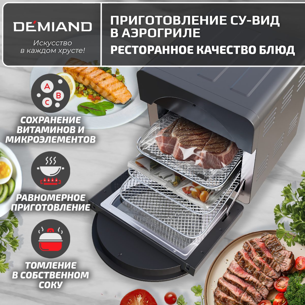 Су-вид 1416 1х1 Аэрогриль - Аэрофритюрница DEMIAND TISON с управлением через приложение,  с функциями фритюрницы, гриля, духовки, тостера, йогуртницы, шашлычницы, мини-печи, кухонной плиты, дегидратора, сенсорная панель, 2 ТЭНа – верхний и нижний нагрев, 16 автоматических программ, 6 аксессуаров, книга рецептов, объем 14,5 литров, 1700Вт, DK-1416/Wifi — изображение 11