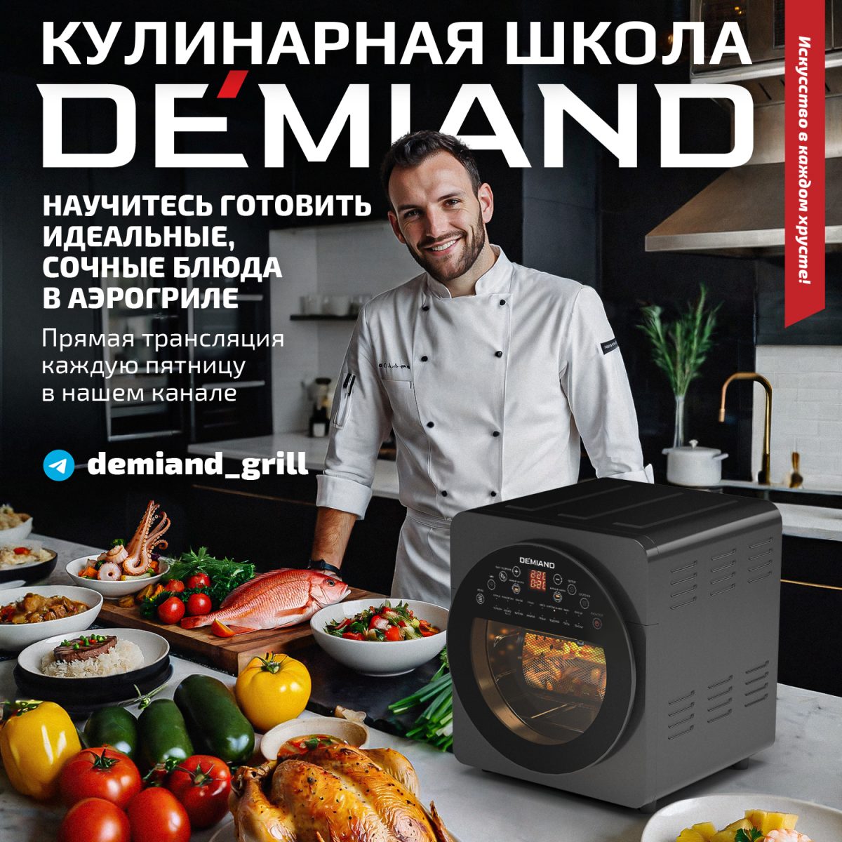 Фото кулинарной школы 1х1 Аэрогриль - Аэрофритюрница DEMIAND TISON с управлением через приложение,  с функциями фритюрницы, гриля, духовки, тостера, йогуртницы, шашлычницы, мини-печи, кухонной плиты, дегидратора, сенсорная панель, 2 ТЭНа – верхний и нижний нагрев, 16 автоматических программ, 6 аксессуаров, книга рецептов, объем 14,5 литров, 1700Вт, DK-1416/Wifi — изображение 8