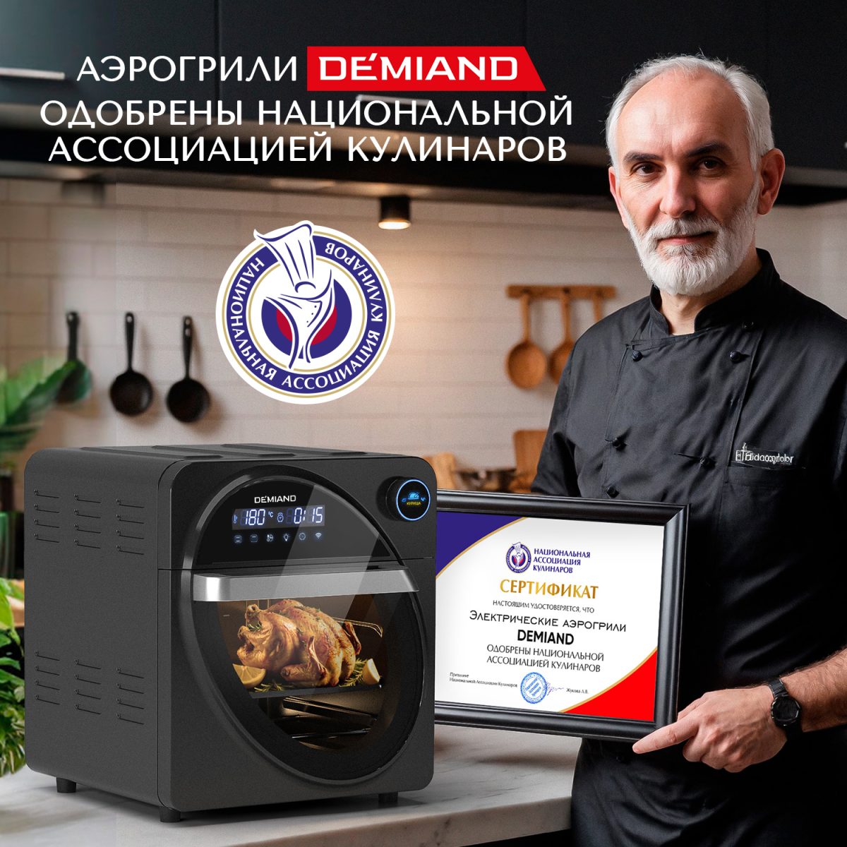 сертификат Аэрогриль - Аэрофритюрница DEMIAND WAISON 10 в 1 с управлением через приложение, с функциями фритюрницы, гриля, духовки, тостера, йогуртницы, шашлычницы, мини-печи, кухонной плиты, дегидратора, сенсорная панель, камера из нержавеющей стали, 2 ТЭНа – сверху и снизу, 12 автоматических программ, 9 аксессуаров, книга рецептов, объем 14,5 литров, 1700Вт, DK-1800/Wifi — изображение 6