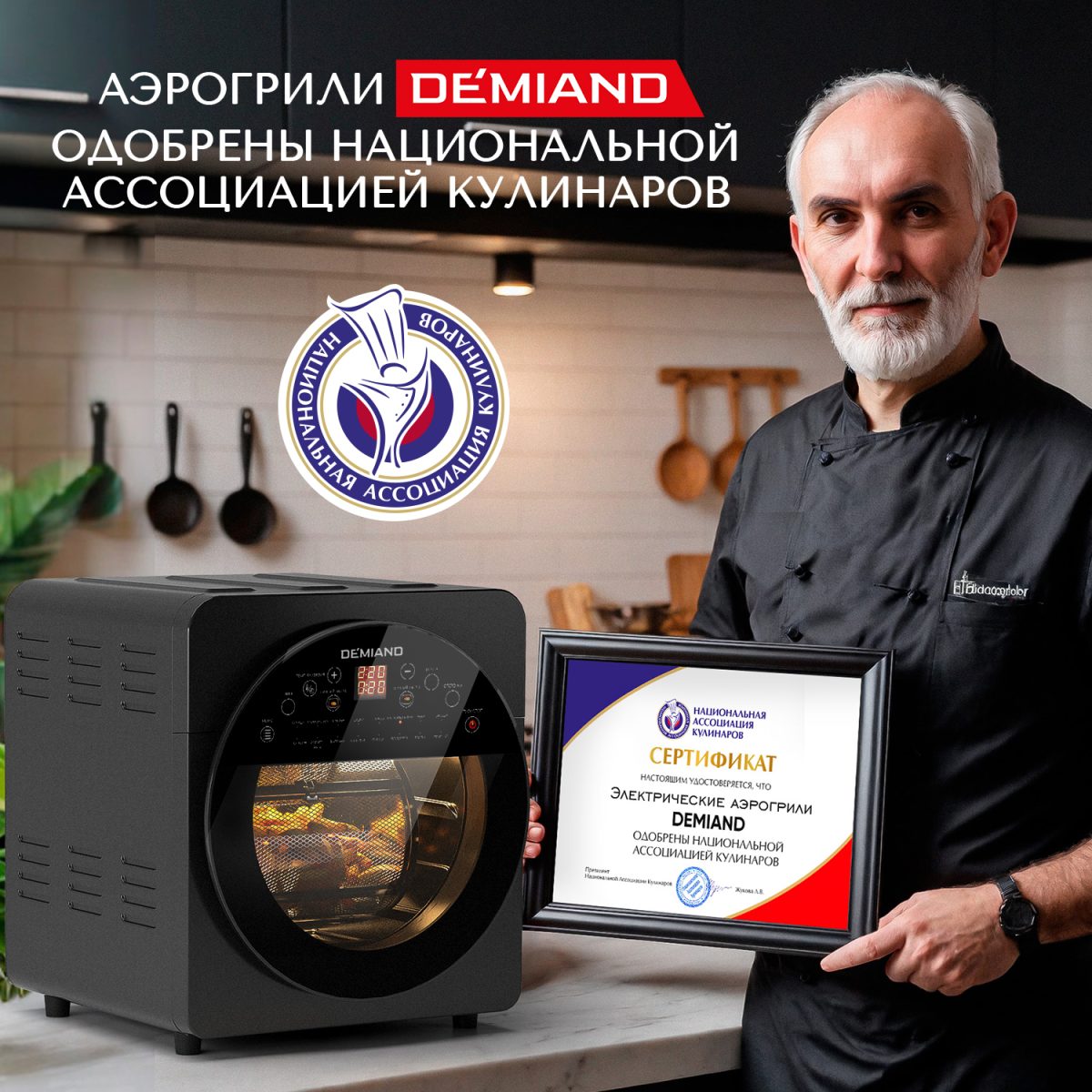сертификат Аэрогриль - Аэрофритюрница DEMIAND TISON с управлением через приложение,  с функциями фритюрницы, гриля, духовки, тостера, йогуртницы, шашлычницы, мини-печи, кухонной плиты, дегидратора, сенсорная панель, 2 ТЭНа – верхний и нижний нагрев, 16 автоматических программ, 6 аксессуаров, книга рецептов, объем 14,5 литров, 1700Вт, DK-1416/Wifi — изображение 7