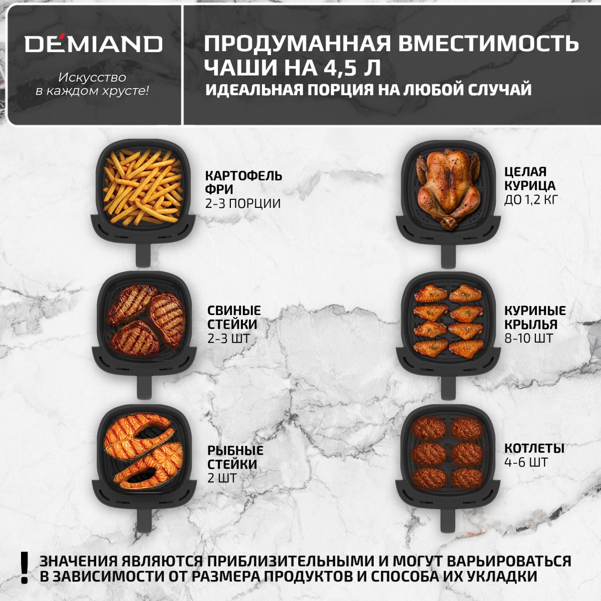 Аэрогриль DEMIAND TARVIN с Wi-Fi, управлением через приложение, с функциями фритюрницы, гриля, духовки, тостера, мини-печи, сенсорная панель управления, съемная решетка, визуальное окно, керамическое покрытие, 12 автоматических программ, разогрев, подсветка, книга рецептов, объем 4,5 литра, 1500Вт, DK-5200/Черный — изображение 9